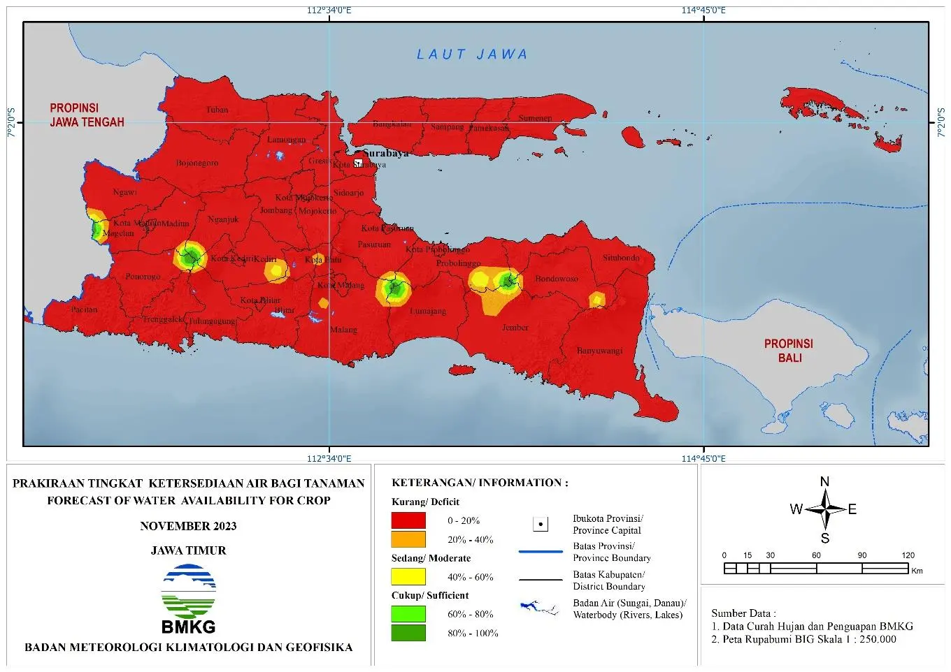 ( Prakiraan - Bulanan ) Tingkat Ketersediaan Air Bagi Tanaman di Jawa Timur Untuk Bulan NOVEMBER Tahun 2023 Update dari Analisis Bulan September Tahun 2023