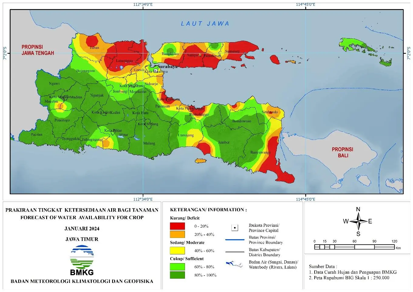 ( Prakiraan - Bulanan ) Tingkat Ketersediaan Air Bagi Tanaman di Jawa Timur Untuk Bulan JANUARI Tahun 2024 Update dari Analisis Bulan September Tahun 2023