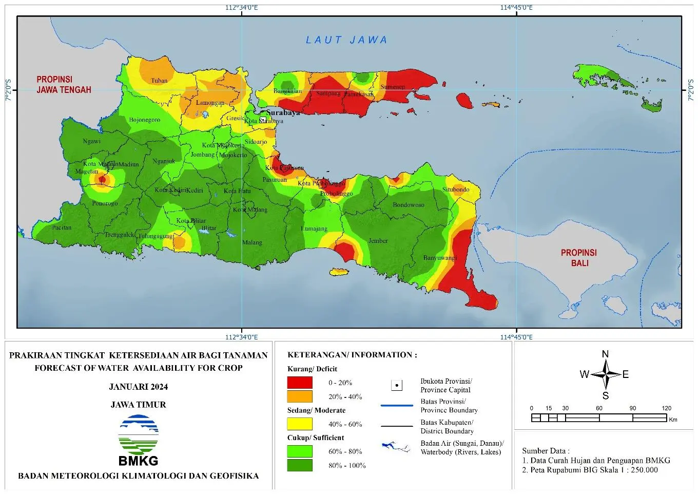 ( Prakiraan - Bulanan ) Tingkat Ketersediaan Air Bagi Tanaman di Jawa Timur Untuk Bulan JANUARI Tahun 2024 Update dari Analisis Bulan Oktober Tahun 2023