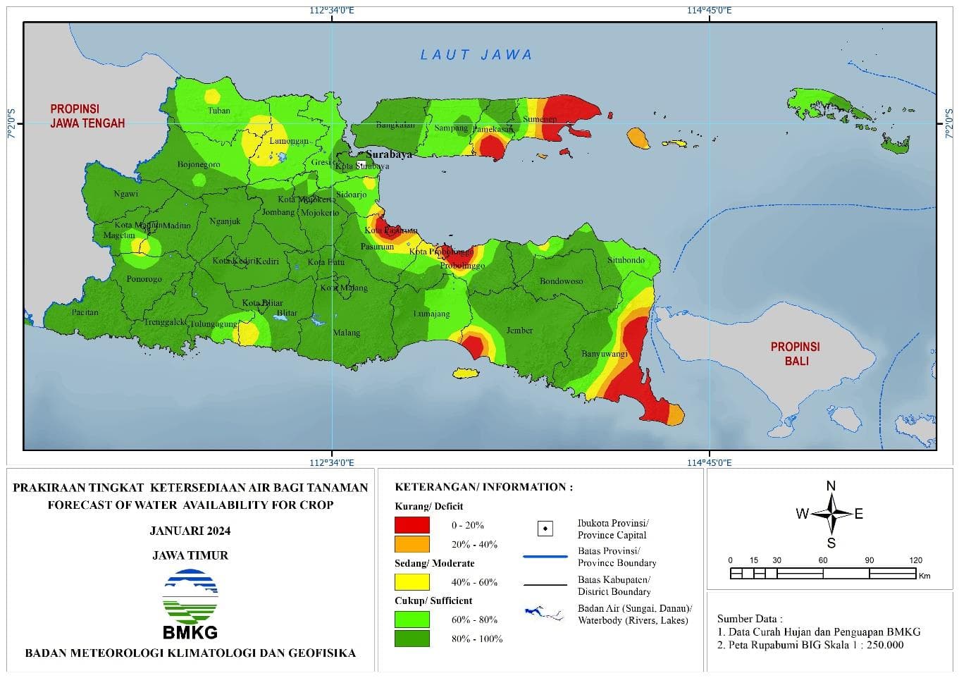 ( Prakiraan - Bulanan ) Tingkat Ketersediaan Air Bagi Tanaman di Jawa Timur Untuk Bulan JANUARI Tahun 2024 Update dari Analisis Bulan November Tahun 2023