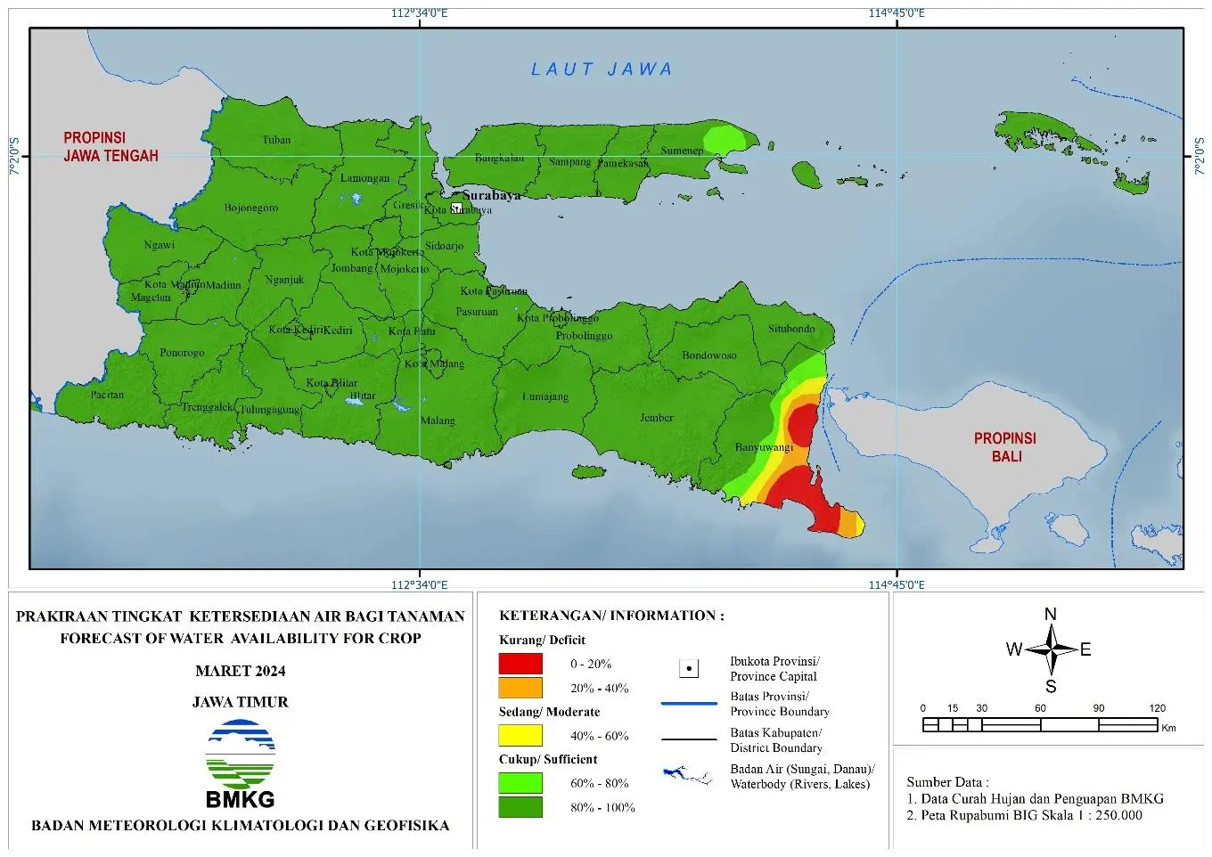 ( Prakiraan - Bulanan ) Tingkat Ketersediaan Air Bagi Tanaman di Jawa Timur Untuk Bulan MARET Tahun 2024 Update dari Analisis Bulan Januari Tahun 2024