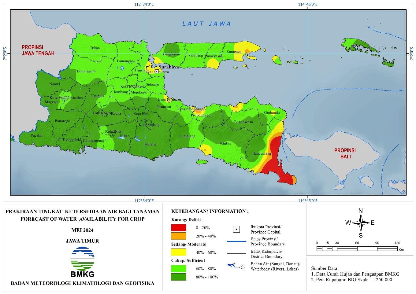 ( Prakiraan - Bulanan ) Tingkat Ketersediaan Air Bagi Tanaman di Jawa Timur Untuk Bulan MEI Tahun 2024 Update dari Analisis Bulan Januari Tahun 2024