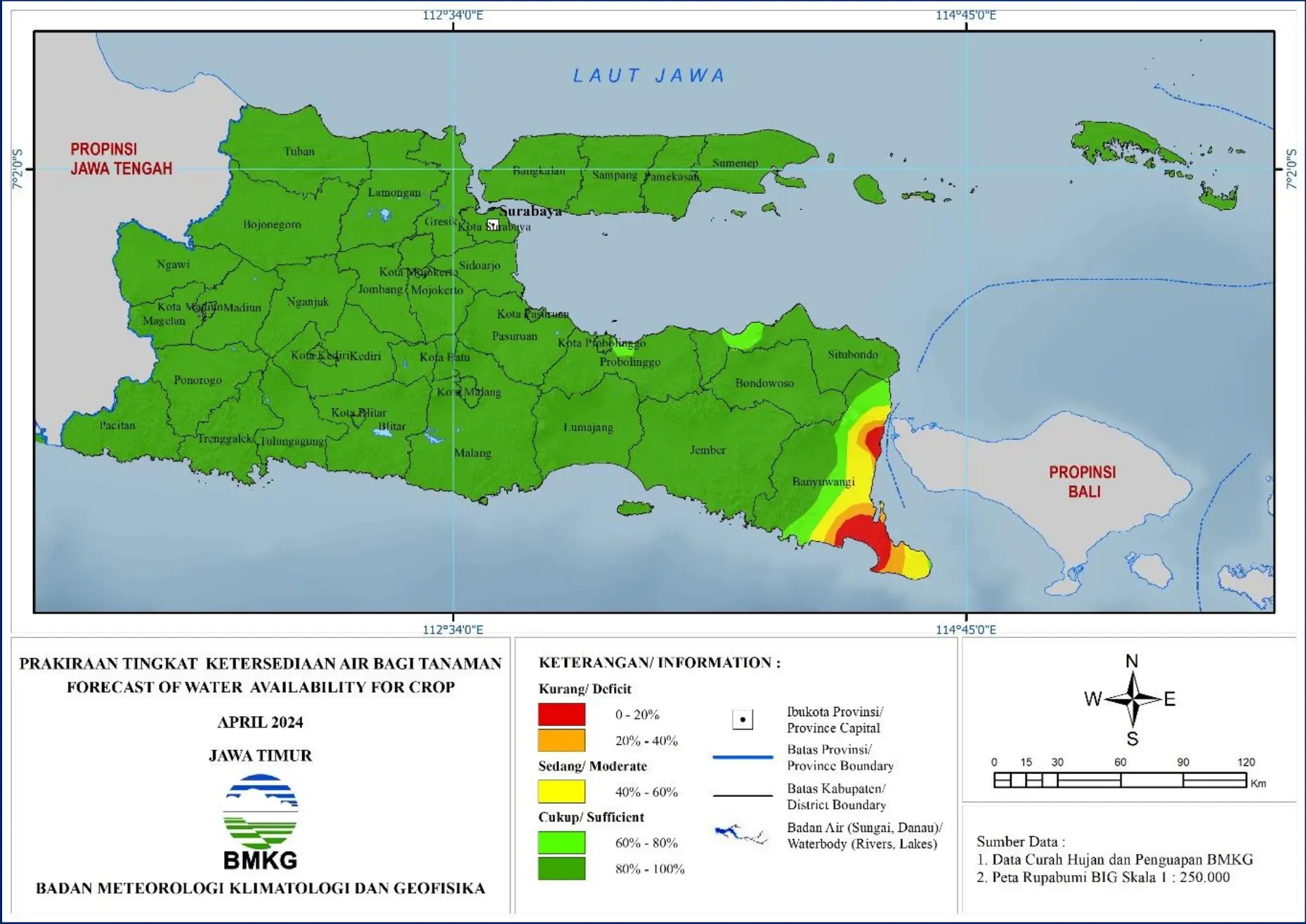 ( Prakiraan - Bulanan ) Tingkat Ketersediaan Air Bagi Tanaman di Jawa Timur Untuk Bulan APRIL Tahun 2024 Update dari Analisis Bulan Februari Tahun 2024
