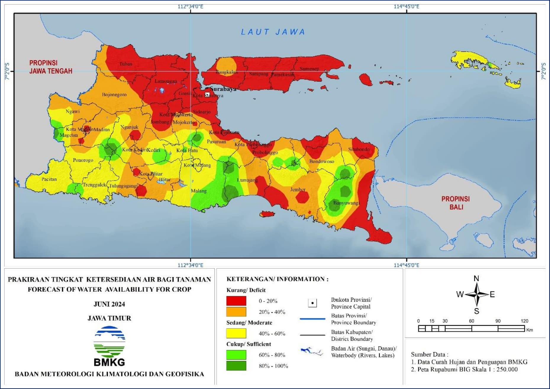 ( Prakiraan - Bulanan ) Tingkat Ketersediaan Air Bagi Tanaman di Jawa Timur Untuk Bulan JUNI Tahun 2024 Update dari Analisis Bulan Februari Tahun 2024