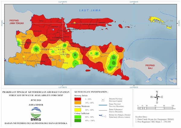 ( Prakiraan - Bulanan ) Tingkat Ketersediaan Air Bagi Tanaman di Jawa Timur Untuk Bulan JUNI Tahun 2024 Update dari Analisis Bulan Maret Tahun 2024