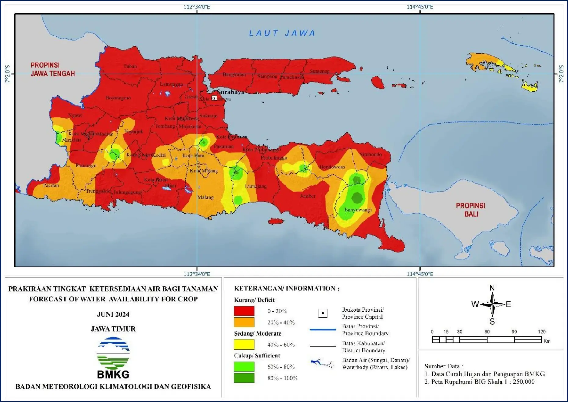 ( Prakiraan - Bulanan ) Tingkat Ketersediaan Air Bagi Tanaman di Jawa Timur Untuk Bulan JUNI Tahun 2024 Update dari Analisis Bulan April Tahun 2024