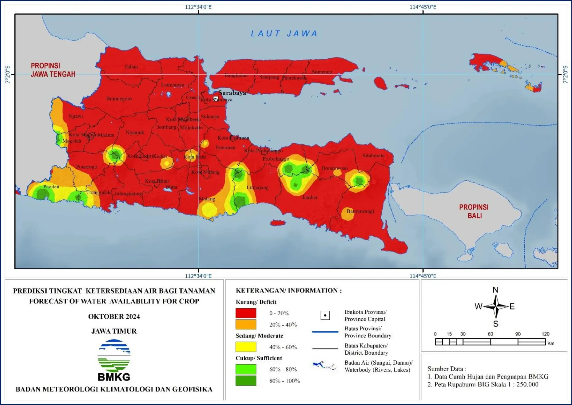 ( Prakiraan - Bulanan ) Tingkat Ketersediaan Air Bagi Tanaman di Jawa Timur Untuk Bulan OKTOBER Tahun 2024 Update dari Analisis Bulan Agustus Tahun 2024
