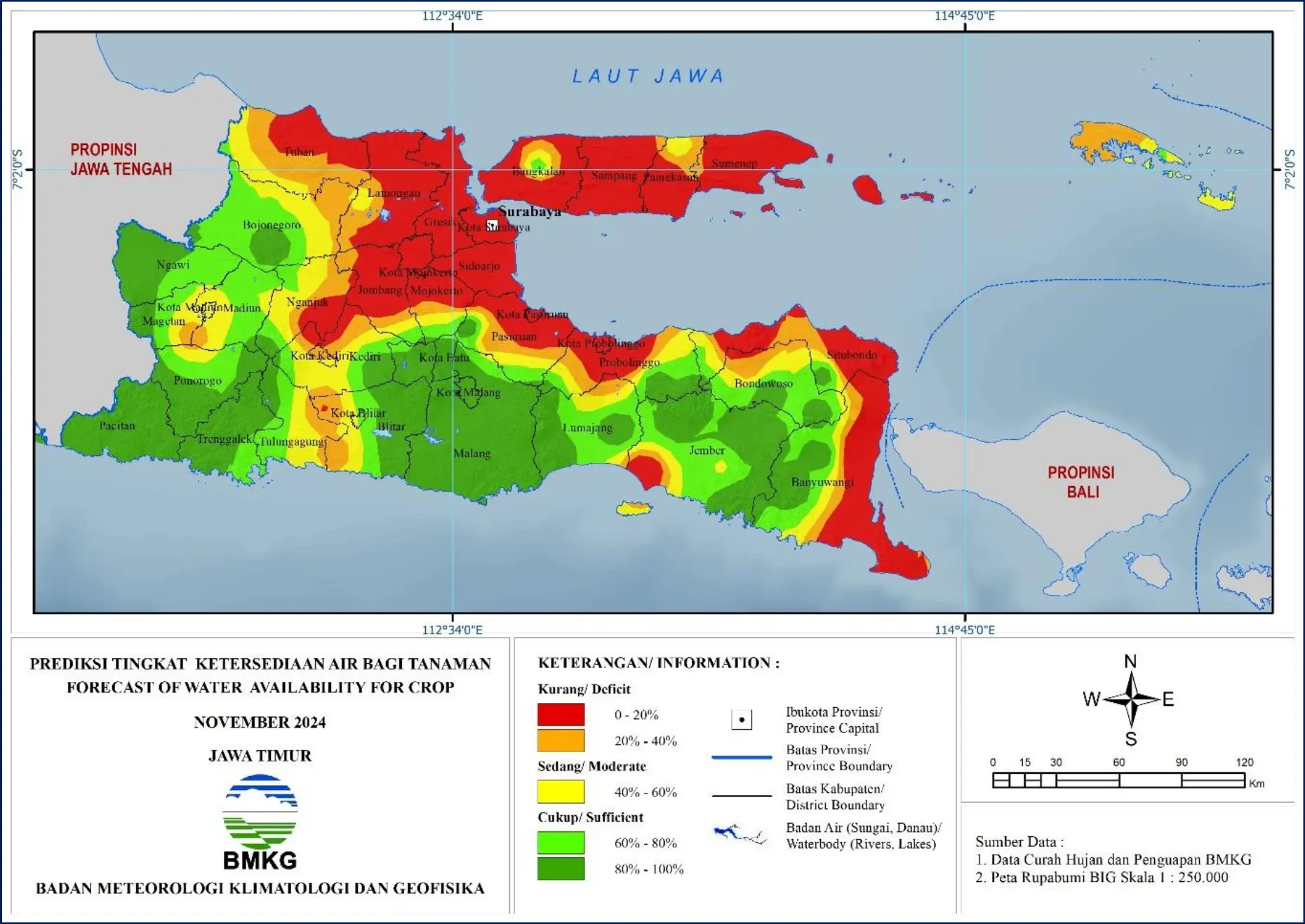( Prakiraan - Bulanan ) Tingkat Ketersediaan Air Bagi Tanaman di Jawa Timur Untuk Bulan NOVEMBER Tahun 2024 Update dari Analisis Bulan Agustus Tahun 2024