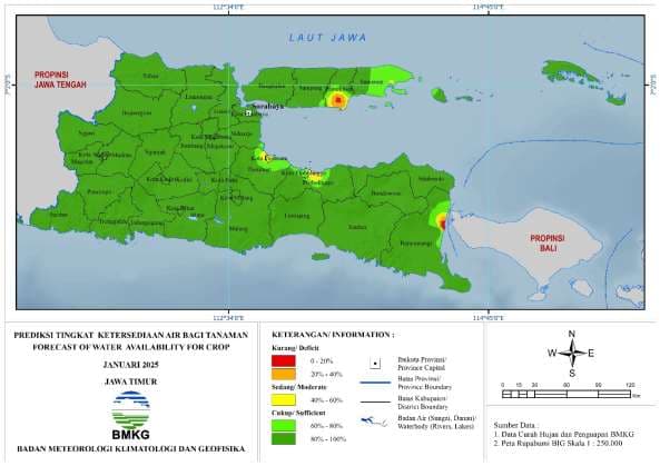 ( Prakiraan - Bulanan ) Tingkat Ketersediaan Air Bagi Tanaman di Jawa Timur Untuk Bulan JANUARI Tahun 2025 Update dari Analisis Bulan Oktober Tahun 2024