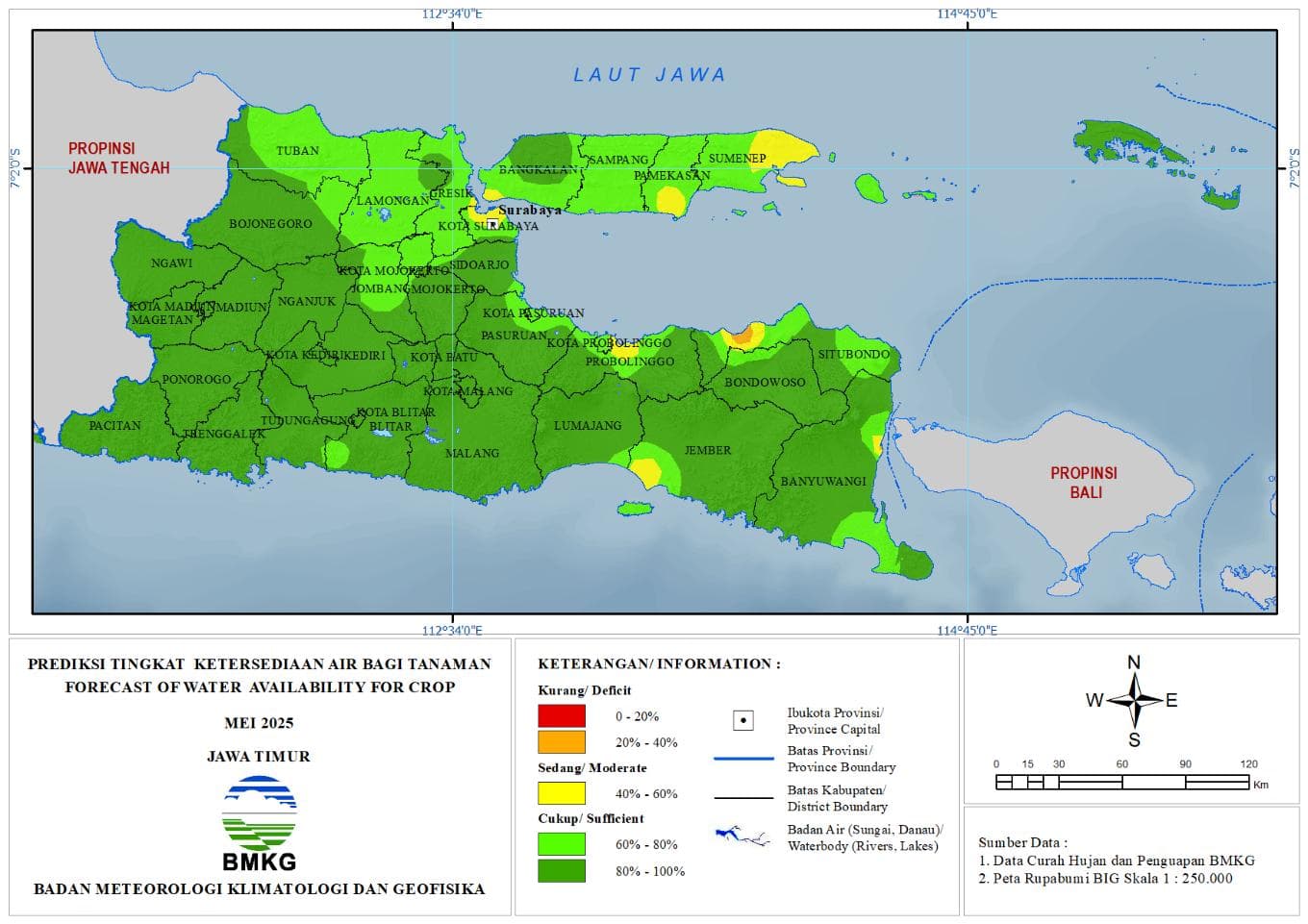 ( Prediksi - Bulanan ) Tingkat Ketersediaan Air Bagi Tanaman di Jawa Timur Untuk Bulan MEI Tahun 2025 Update dari Analisis Bulan Februari Tahun 2025