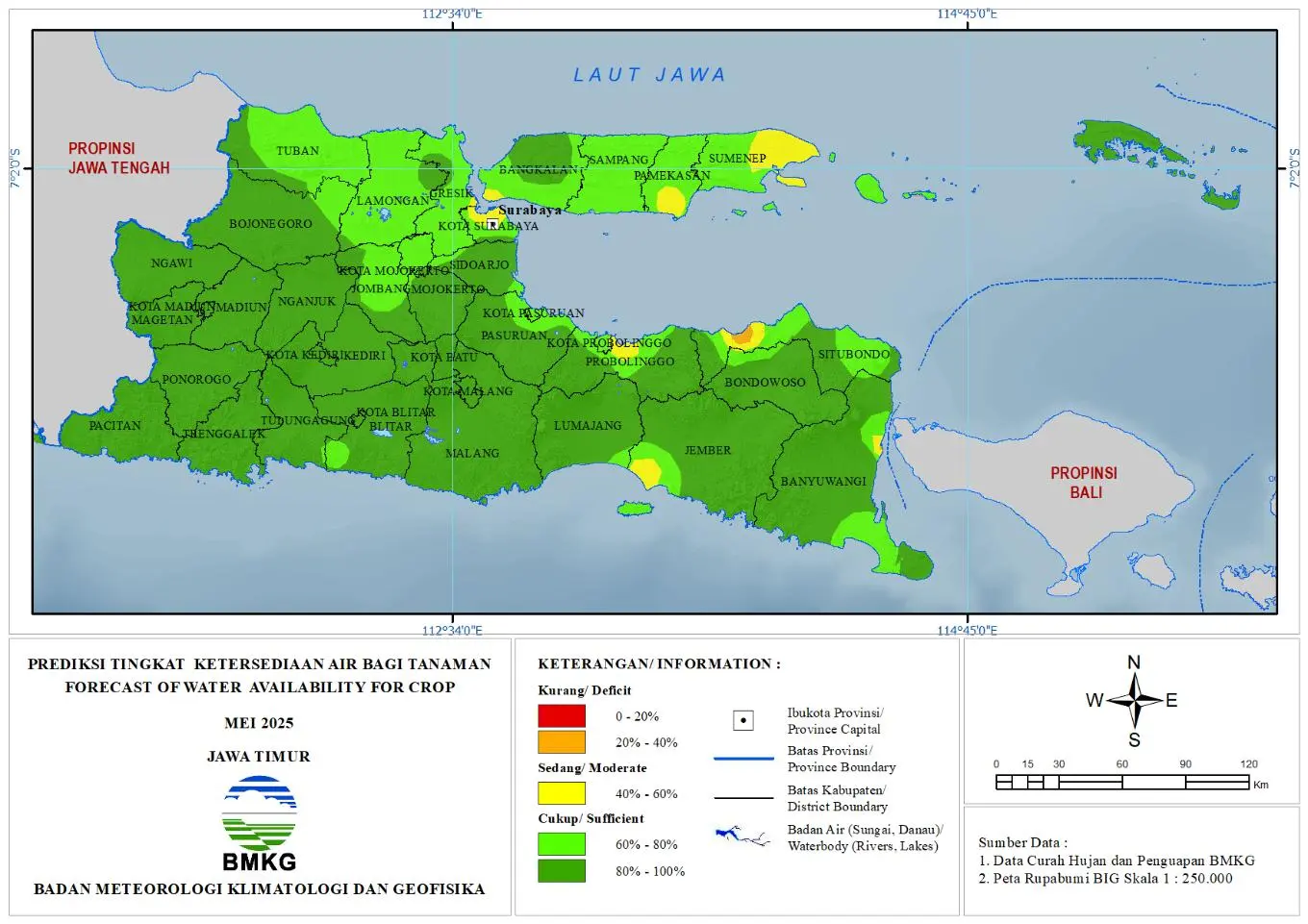 ( Prediksi - Bulanan ) Tingkat Ketersediaan Air Bagi Tanaman di Jawa Timur Untuk Bulan MEI Tahun 2025 Update dari Analisis Bulan Februari Tahun 2025