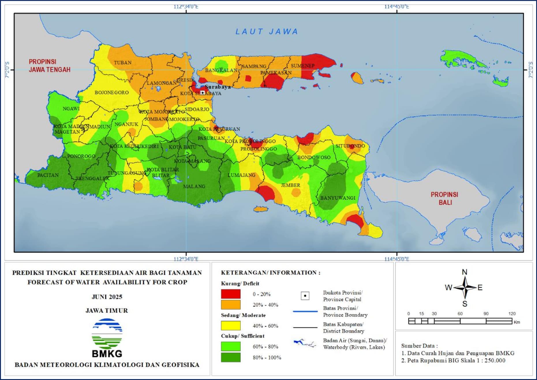 ( Prediksi - Bulanan ) Tingkat Ketersediaan Air Bagi Tanaman di Jawa Timur Untuk Bulan JUNI Tahun 2025 Update dari Analisis Bulan Maret Tahun 2025