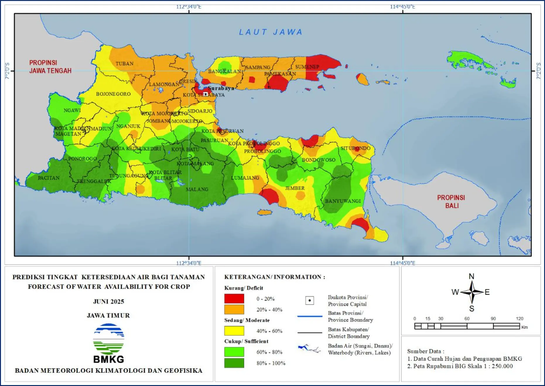 ( Prediksi - Bulanan ) Tingkat Ketersediaan Air Bagi Tanaman di Jawa Timur Untuk Bulan JUNI Tahun 2025 Update dari Analisis Bulan Maret Tahun 2025