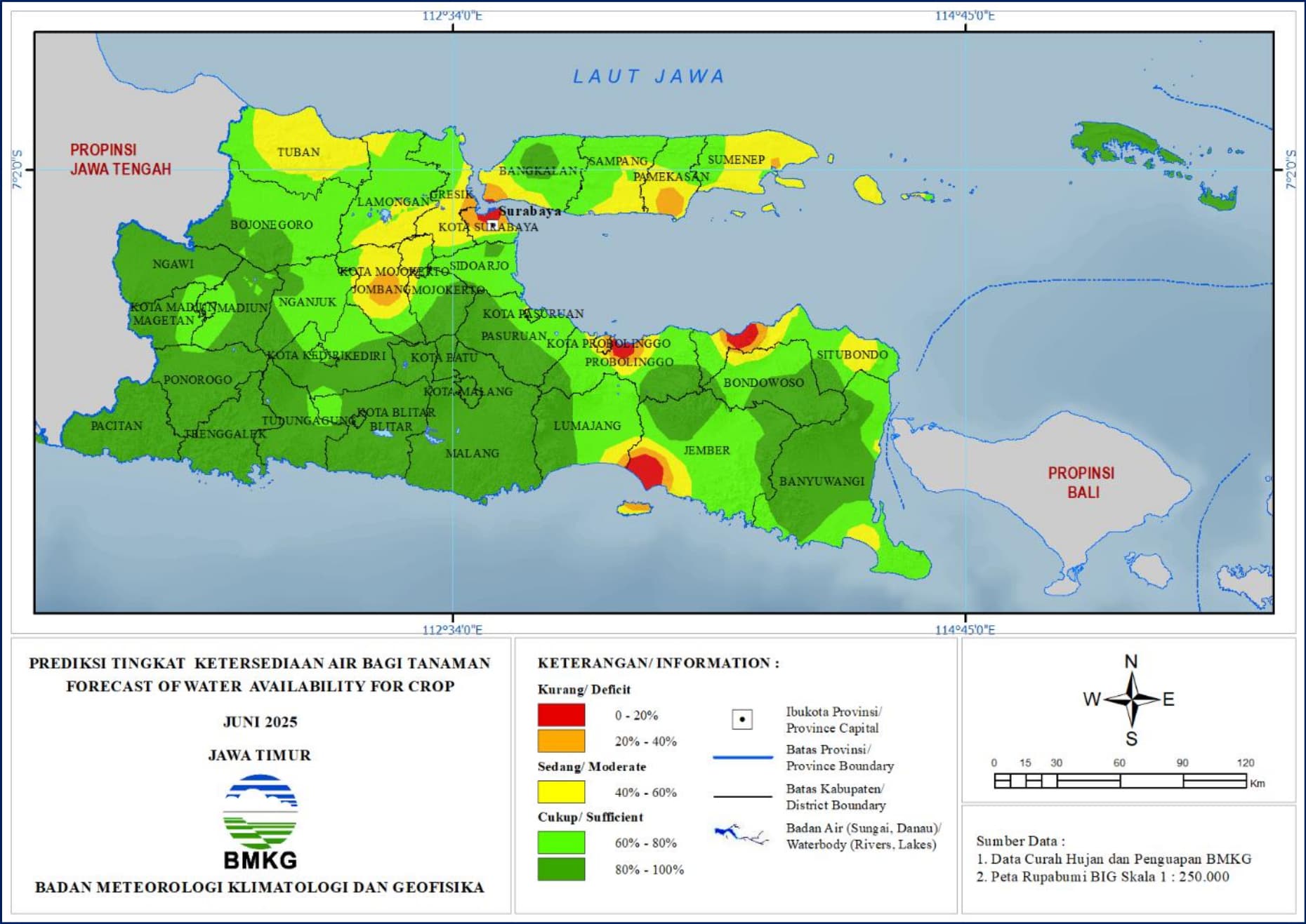 ( Prediksi - Bulanan ) Tingkat Ketersediaan Air Bagi Tanaman di Jawa Timur Untuk Bulan JUNI Tahun 2025 Update dari Analisis Bulan April Tahun 2025