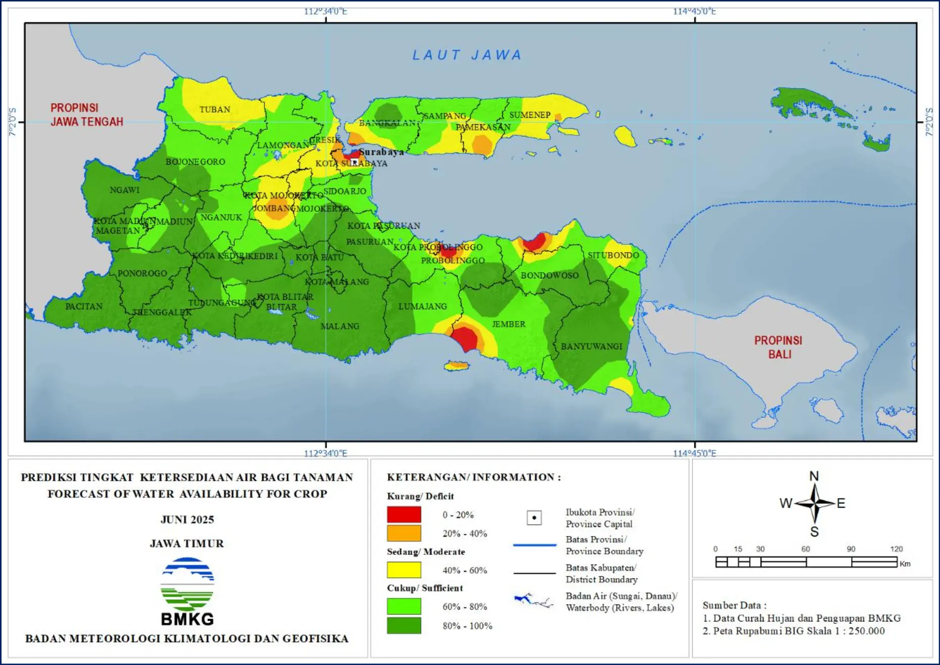 ( Prediksi - Bulanan ) Tingkat Ketersediaan Air Bagi Tanaman di Jawa Timur Untuk Bulan JUNI Tahun 2025 Update dari Analisis Bulan April Tahun 2025