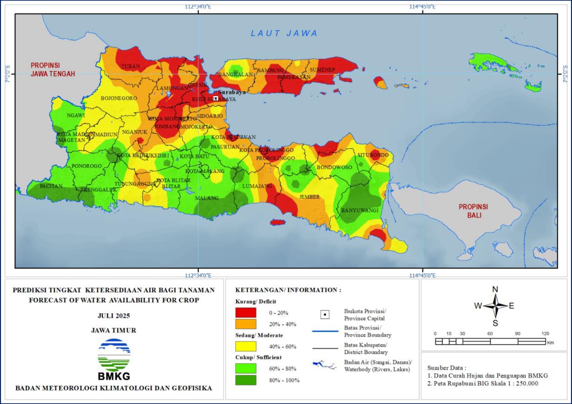 ( Prediksi - Bulanan ) Tingkat Ketersediaan Air Bagi Tanaman di Jawa Timur Untuk Bulan JULI Tahun 2025 Update dari Analisis Bulan April Tahun 2025