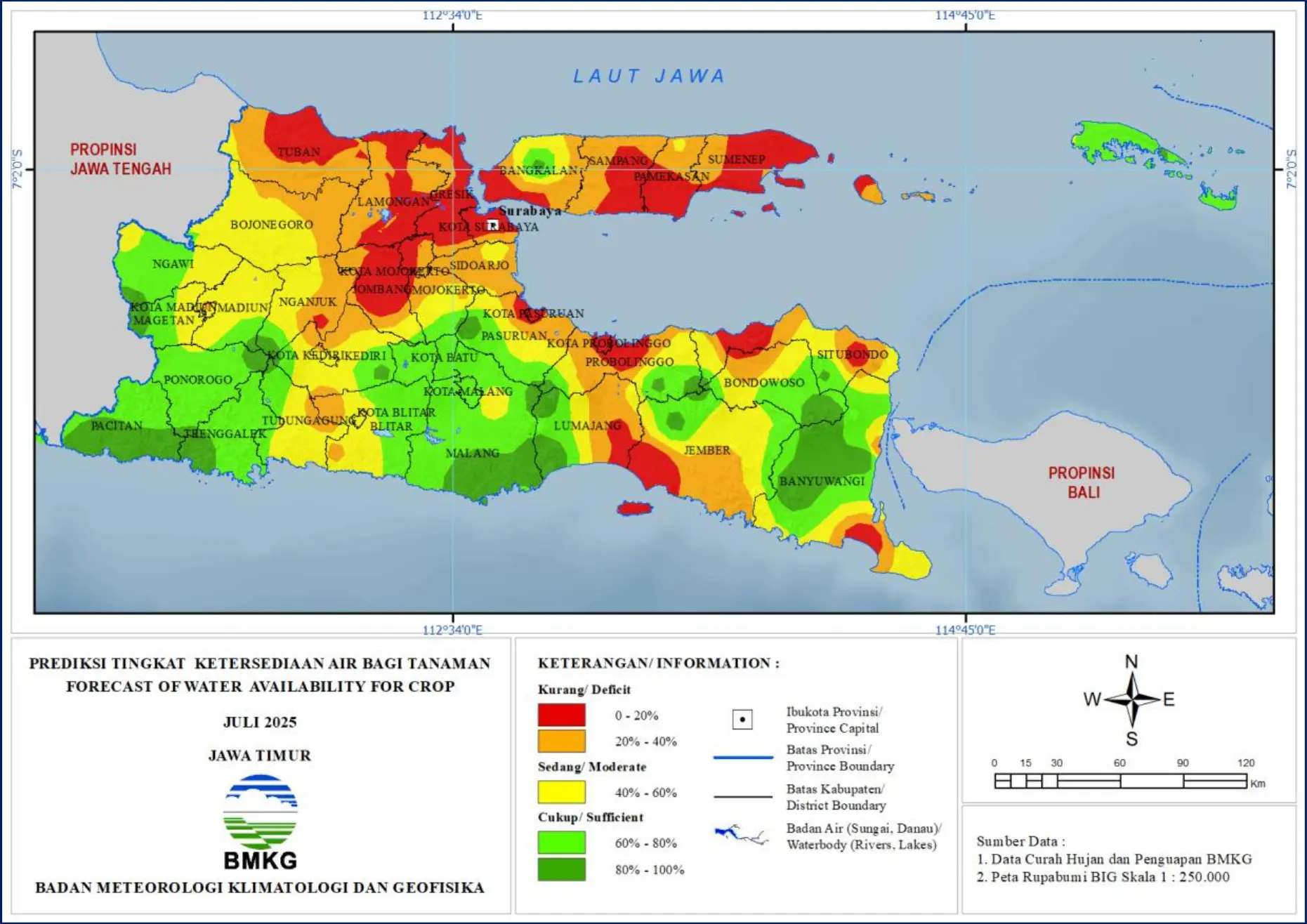 ( Prediksi - Bulanan ) Tingkat Ketersediaan Air Bagi Tanaman di Jawa Timur Untuk Bulan JULI Tahun 2025 Update dari Analisis Bulan April Tahun 2025