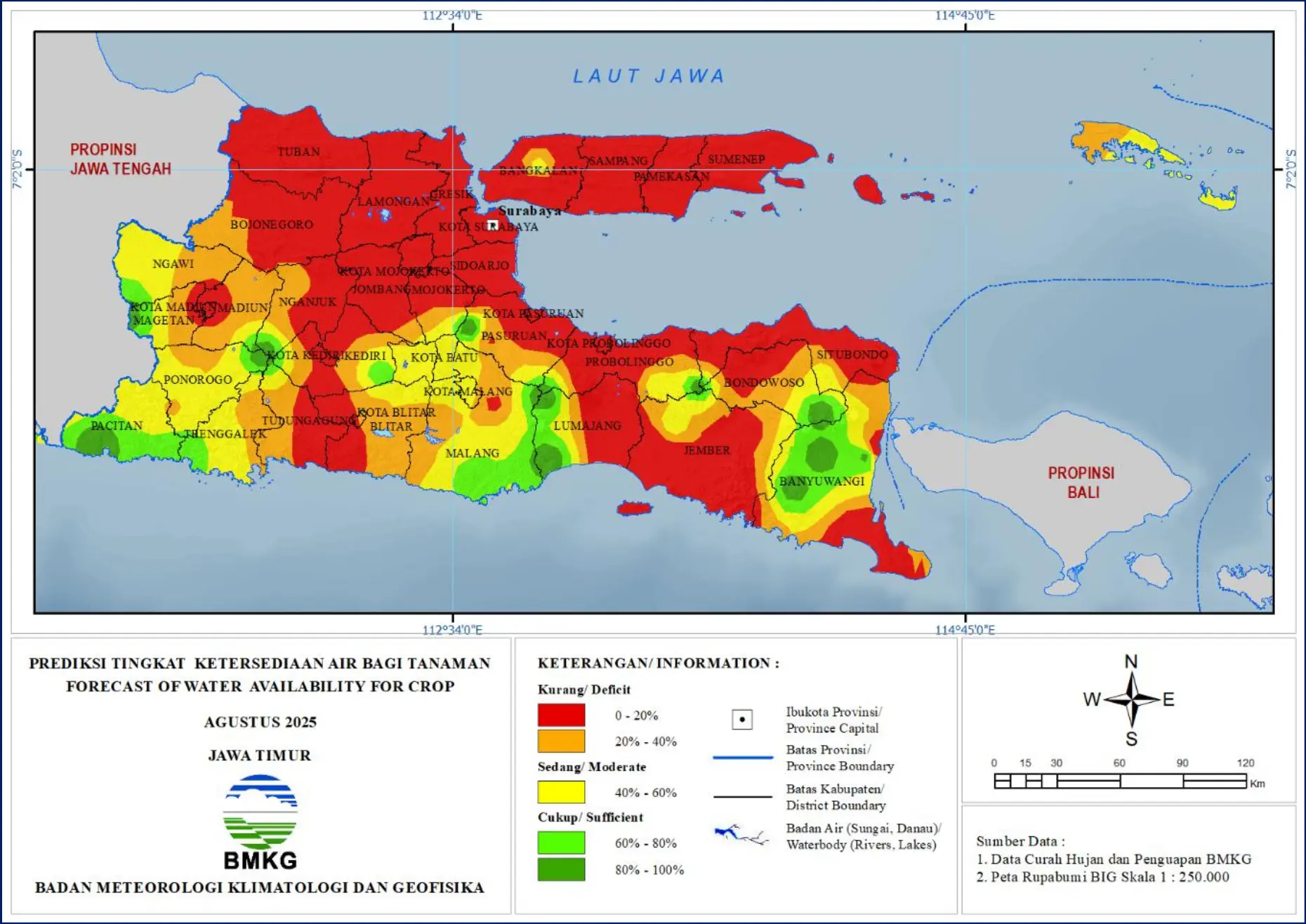 ( Prediksi - Bulanan ) Tingkat Ketersediaan Air Bagi Tanaman di Jawa Timur Untuk Bulan AGUSTUS Tahun 2025 Update dari Analisis Bulan April Tahun 2025
