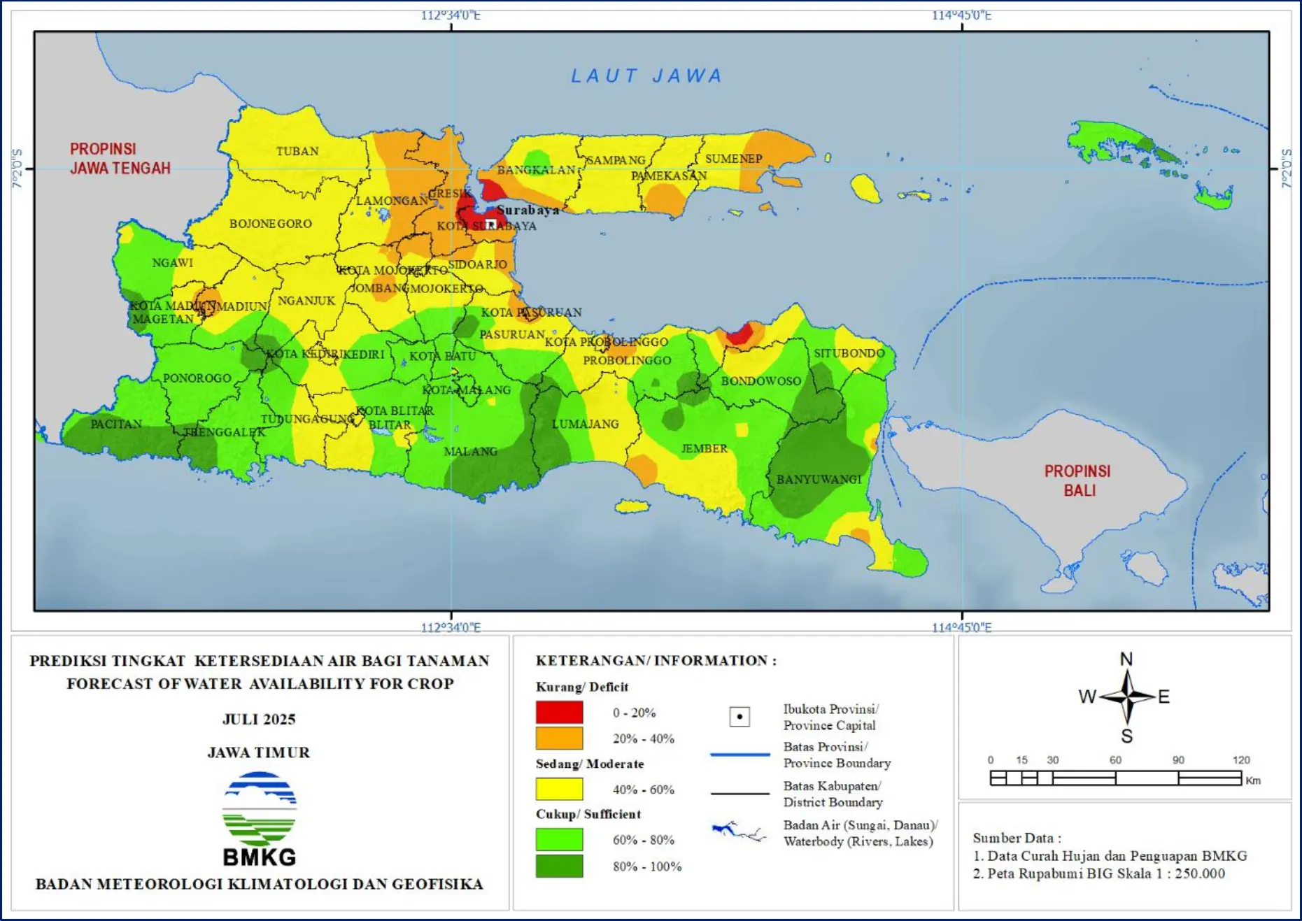 ( Prediksi - Bulanan ) Tingkat Ketersediaan Air Bagi Tanaman di Jawa Timur Untuk Bulan JULI Tahun 2025 Update dari Analisis Bulan Mei Tahun 2025