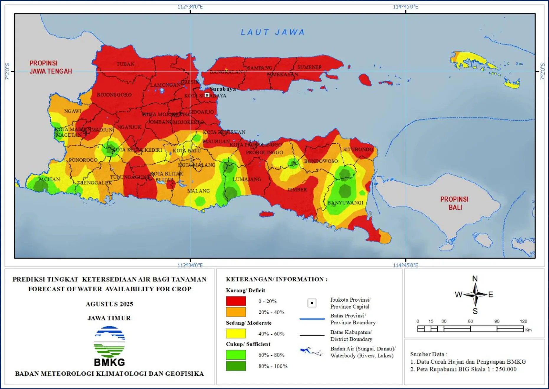 ( Prediksi - Bulanan ) Tingkat Ketersediaan Air Bagi Tanaman di Jawa Timur Untuk Bulan AGUSTUS Tahun 2025 Update dari Analisis Bulan Mei Tahun 2025