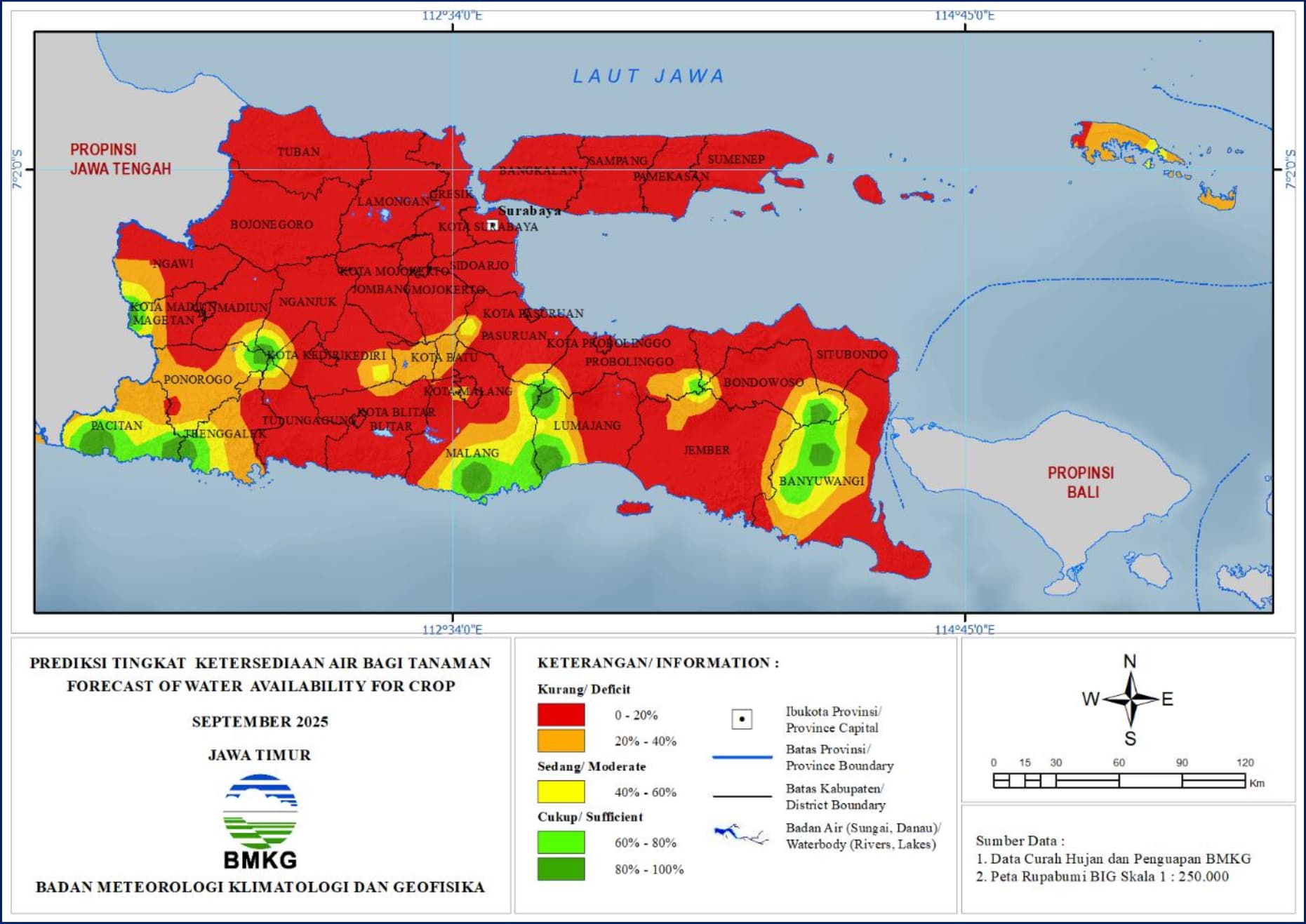 ( Prediksi - Bulanan ) Tingkat Ketersediaan Air Bagi Tanaman di Jawa Timur Untuk Bulan SEPTEMBER Tahun 2025 Update dari Analisis Bulan Mei Tahun 2025