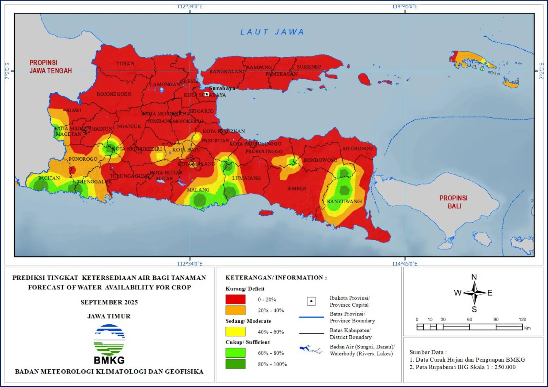 ( Prediksi - Bulanan ) Tingkat Ketersediaan Air Bagi Tanaman di Jawa Timur Untuk Bulan SEPTEMBER Tahun 2025 Update dari Analisis Bulan Mei Tahun 2025