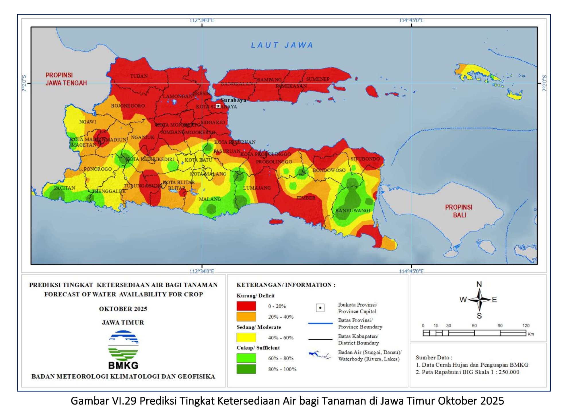 ( Prediksi - Bulanan ) Tingkat Ketersediaan Air Bagi Tanaman di Jawa Timur Untuk Bulan OKTOBER Tahun 2025 Update dari Analisis Bulan Juni Tahun 2025
