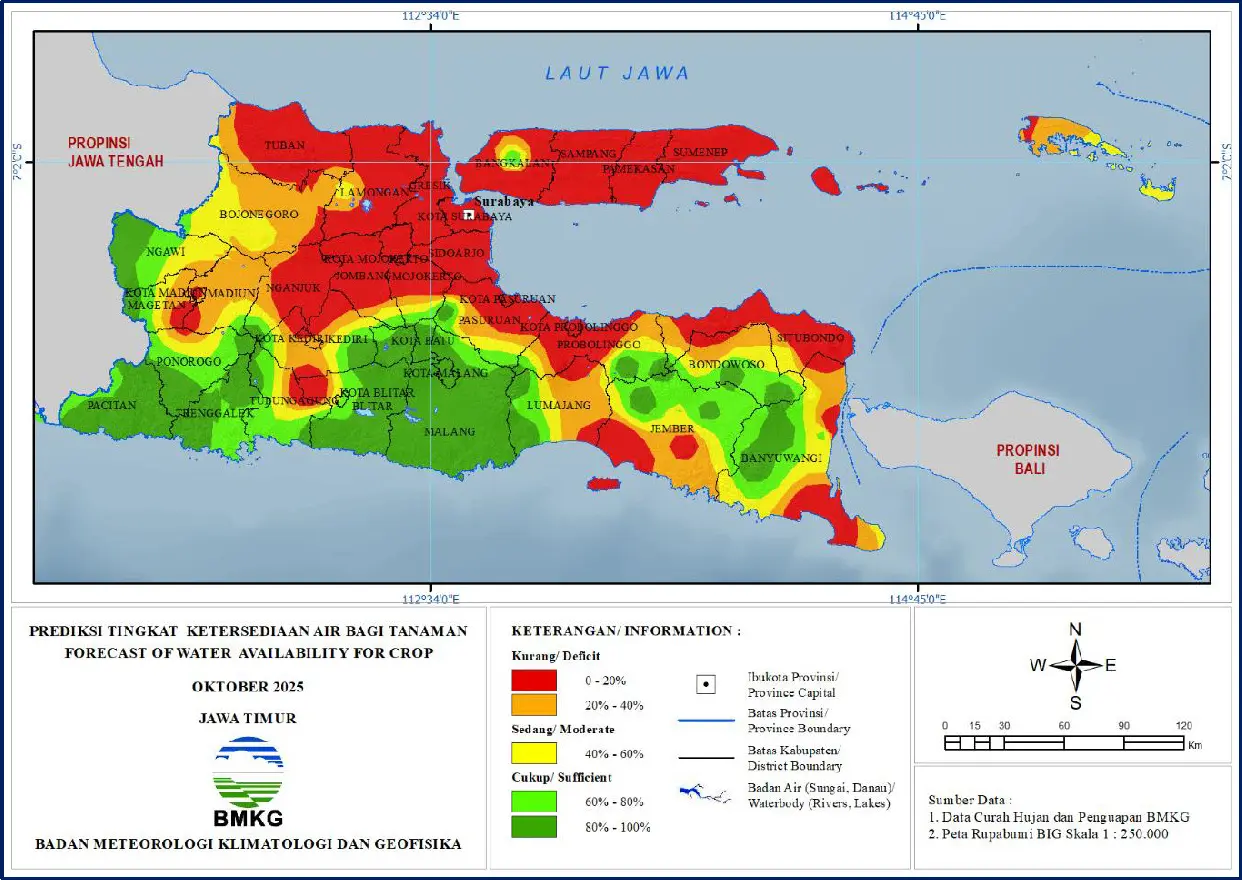 ( Prediksi - Bulanan ) Tingkat Ketersediaan Air Bagi Tanaman di Jawa Timur Untuk Bulan OKTOBER Tahun 2025 Update dari Analisis Bulan Agustus Tahun 2025