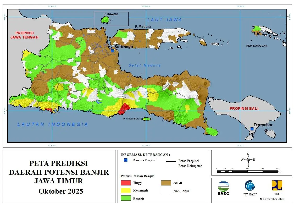 ( Prediksi - Bulanan ) Daerah Potensi Banjir untuk Bulan OKTOBER Tahun 2025 Update 10 September 2025 di Provinsi Jawa Timur