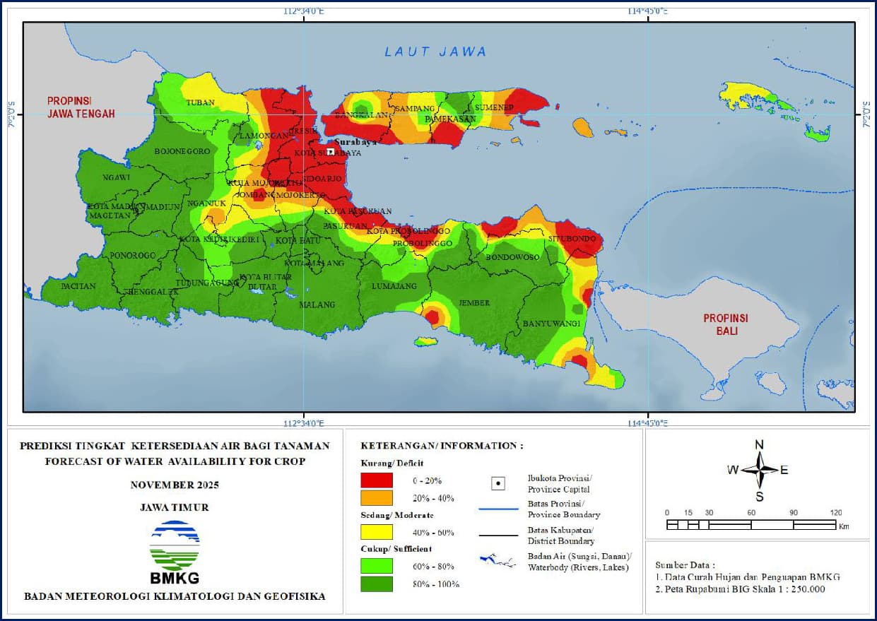 ( Prediksi - Bulanan ) Tingkat Ketersediaan Air Bagi Tanaman di Jawa Timur Untuk Bulan NOVEMBER Tahun 2025 Update dari Analisis Bulan Agustus Tahun 2025