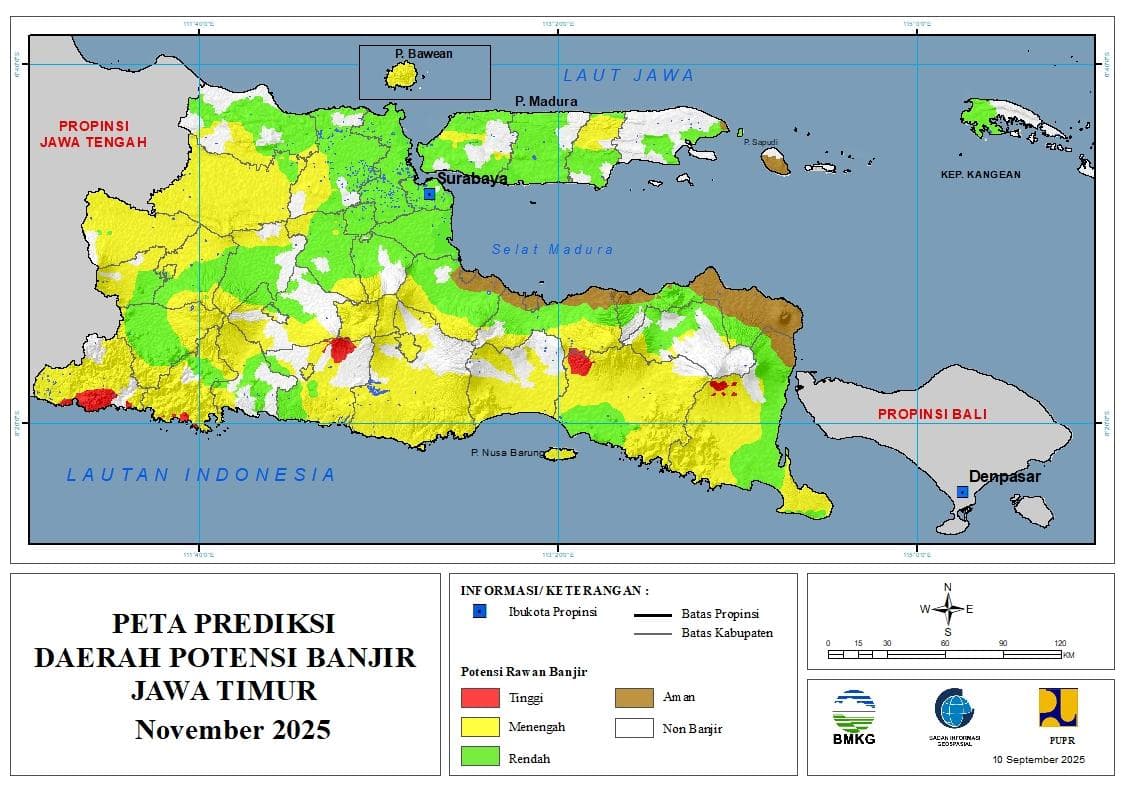 ( Prediksi - Bulanan ) Daerah Potensi Banjir untuk Bulan NOVEMBER Tahun 2025 Update 10 September 2025 di Provinsi Jawa Timur