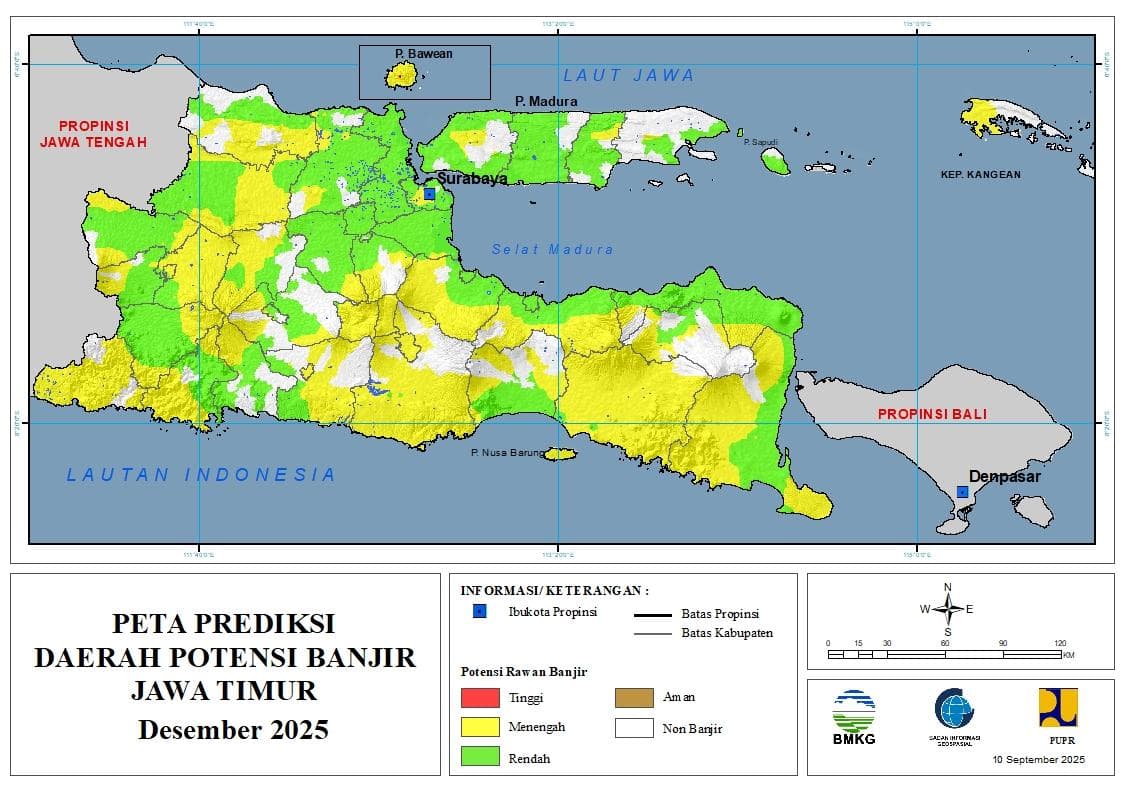 ( Prediksi - Bulanan ) Daerah Potensi Banjir untuk Bulan DESEMBER Tahun 2025 Update 10 September 2025 di Provinsi Jawa Timur