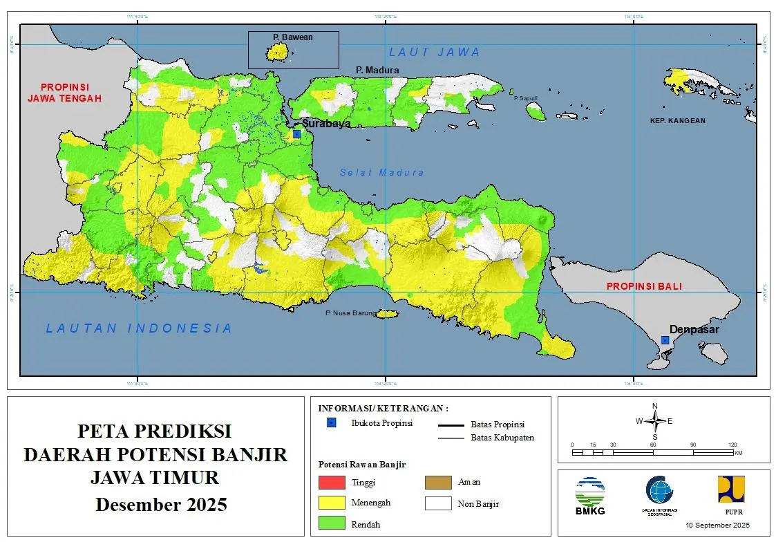 ( Prediksi - Bulanan ) Daerah Potensi Banjir untuk Bulan DESEMBER Tahun 2025 Update 10 September 2025 di Provinsi Jawa Timur