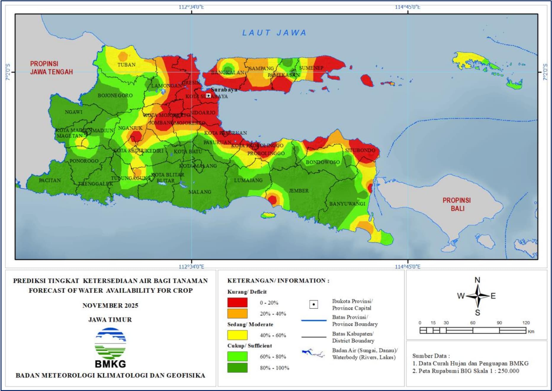 ( Prediksi - Bulanan ) Tingkat Ketersediaan Air Bagi Tanaman di Jawa Timur Untuk Bulan NOVEMBER Tahun 2025 Update dari Analisis Bulan September Tahun 2025