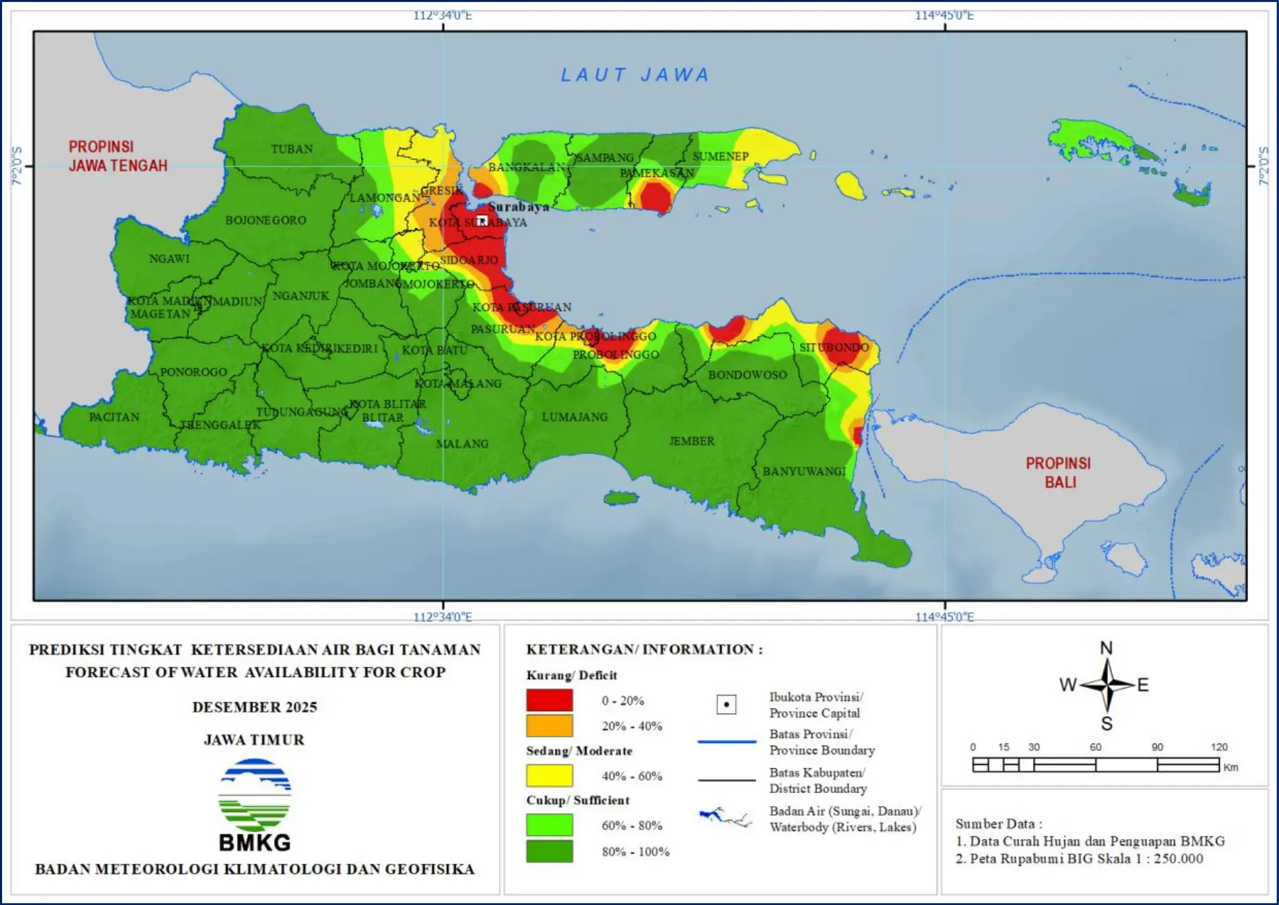 ( Prediksi - Bulanan ) Tingkat Ketersediaan Air Bagi Tanaman di Jawa Timur Untuk Bulan DESEMBER Tahun 2025 Update dari Analisis Bulan Oktober Tahun 2025