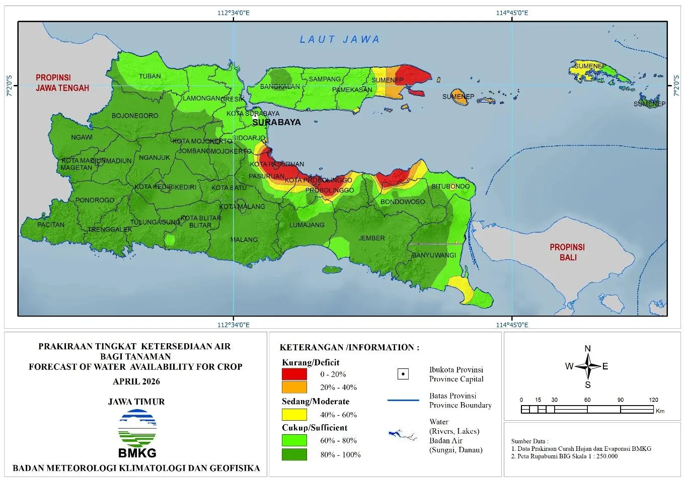 ( Prediksi - Bulanan ) Tingkat Ketersediaan Air Bagi Tanaman di Jawa Timur Untuk Bulan APRIL Tahun 2026 Update dari Analisis Bulan Februari Tahun 2026