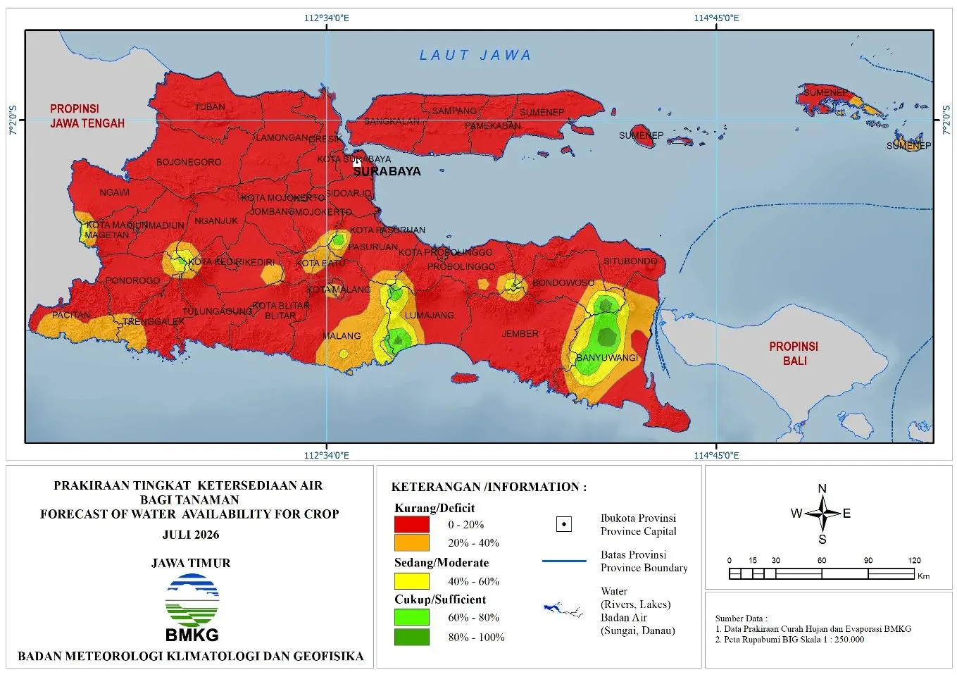 ( Prediksi - Bulanan ) Tingkat Ketersediaan Air Bagi Tanaman di Jawa Timur Untuk Bulan JULI Tahun 2026 Update dari Analisis Bulan April Tahun 2026