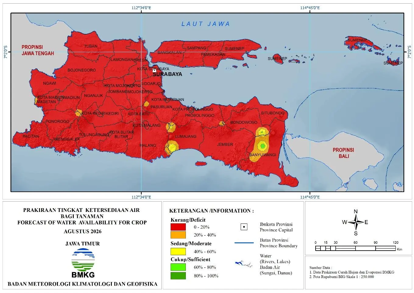 ( Prediksi - Bulanan ) Tingkat Ketersediaan Air Bagi Tanaman di Jawa Timur Untuk Bulan AGUSTUS Tahun 2026 Update dari Analisis Bulan April Tahun 2026