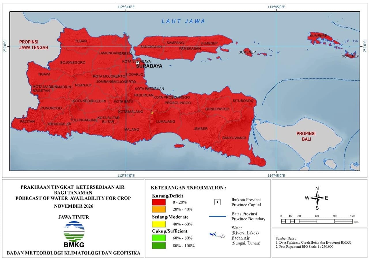 ( Prediksi - Bulanan ) Tingkat Ketersediaan Air Bagi Tanaman di Jawa Timur Untuk Bulan NOVEMBER Tahun 2026 Update dari Analisis Bulan Juli Tahun 2026