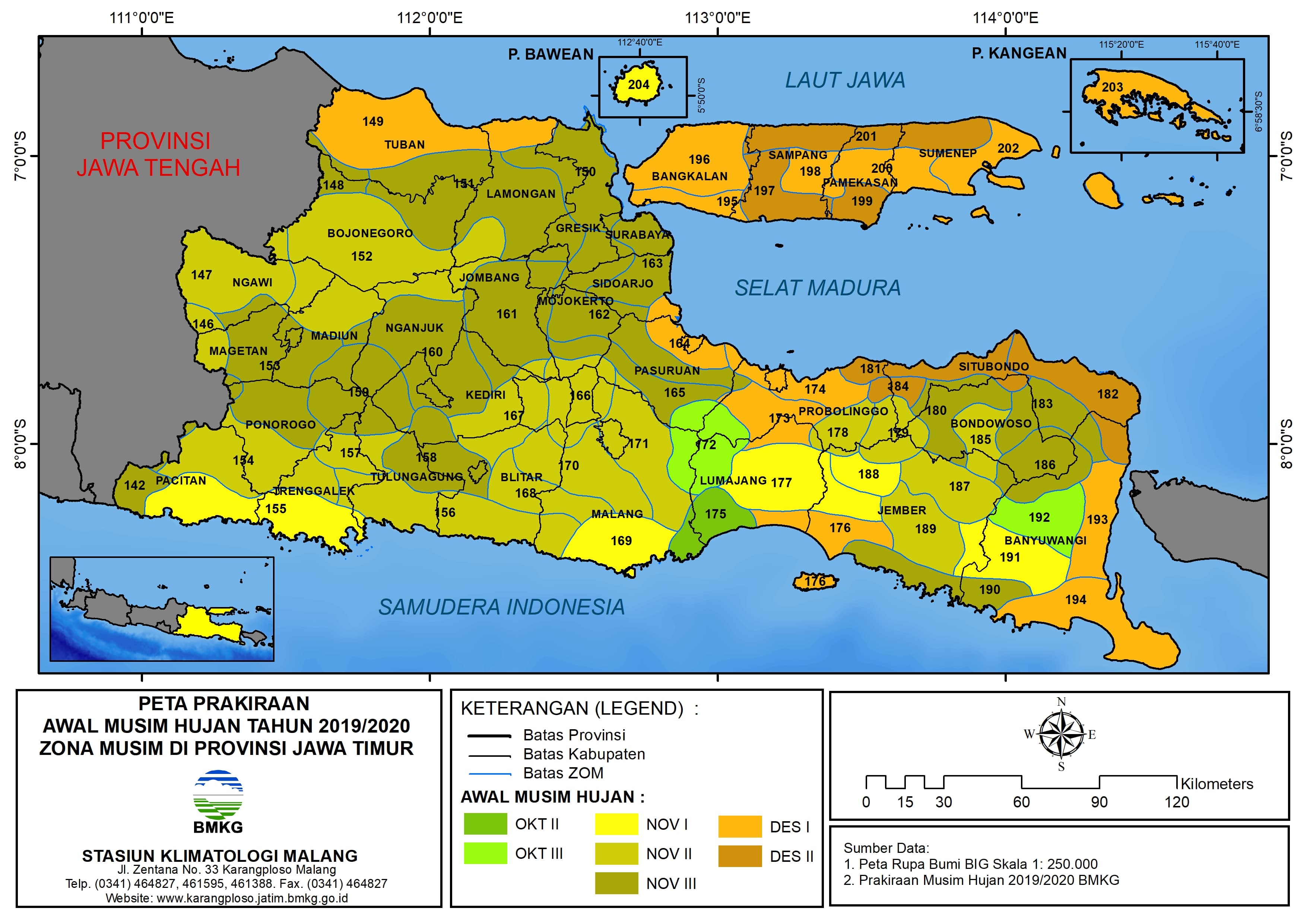 |Prakiraan - 6 Bulanan| Awal Musim Hujan Musim Hujan Tahun 2019 / 2020 Terhadap Rata - Ratanya (1981 - 2010) Zona Musim di Provinsi Jawa Timur