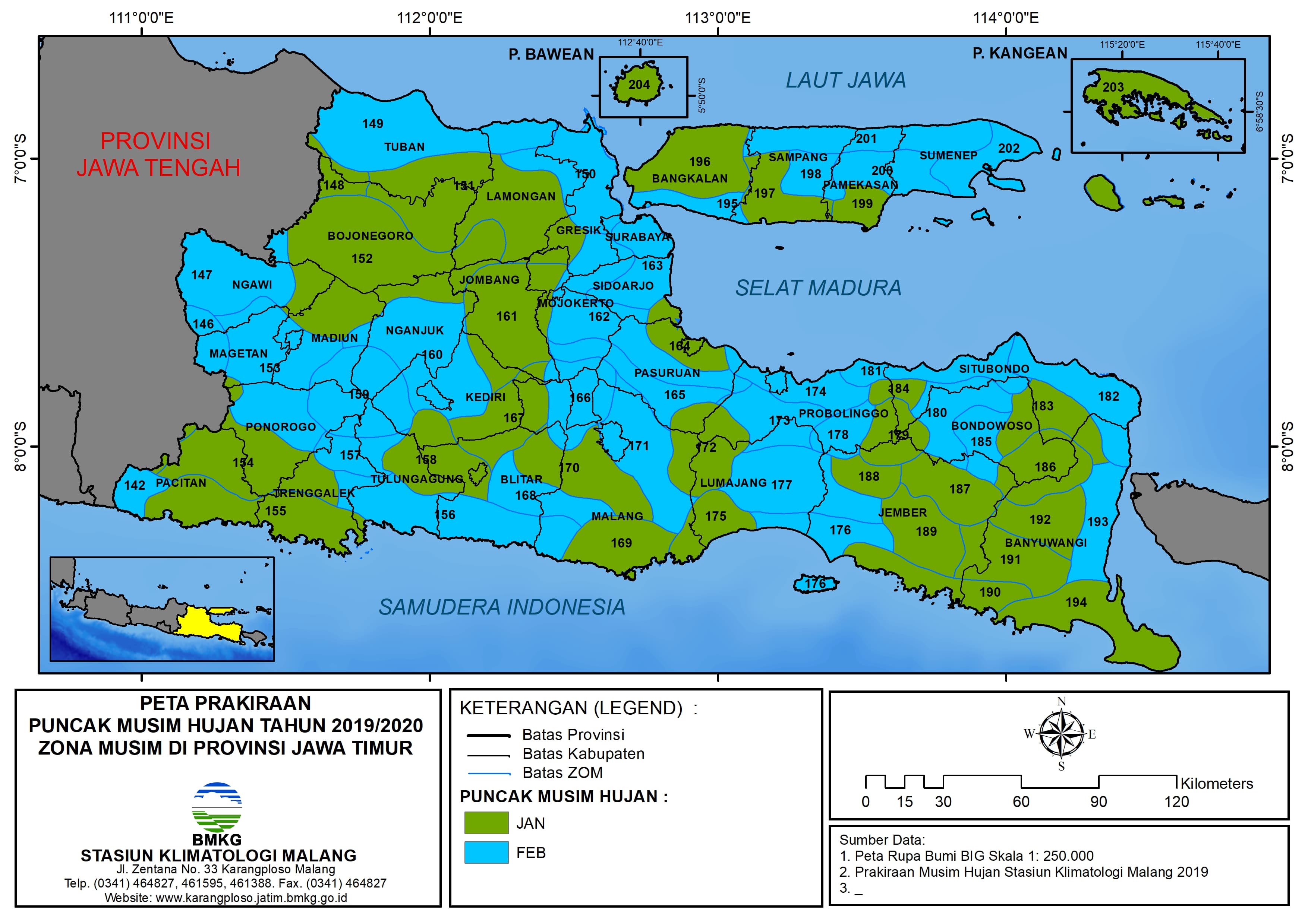 (Prakiraan - 6 Bulanan) Puncak Musim Hujan Musim Hujan Tahun 2019 / 2020 Zona Musim di Provinsi Jawa Timur