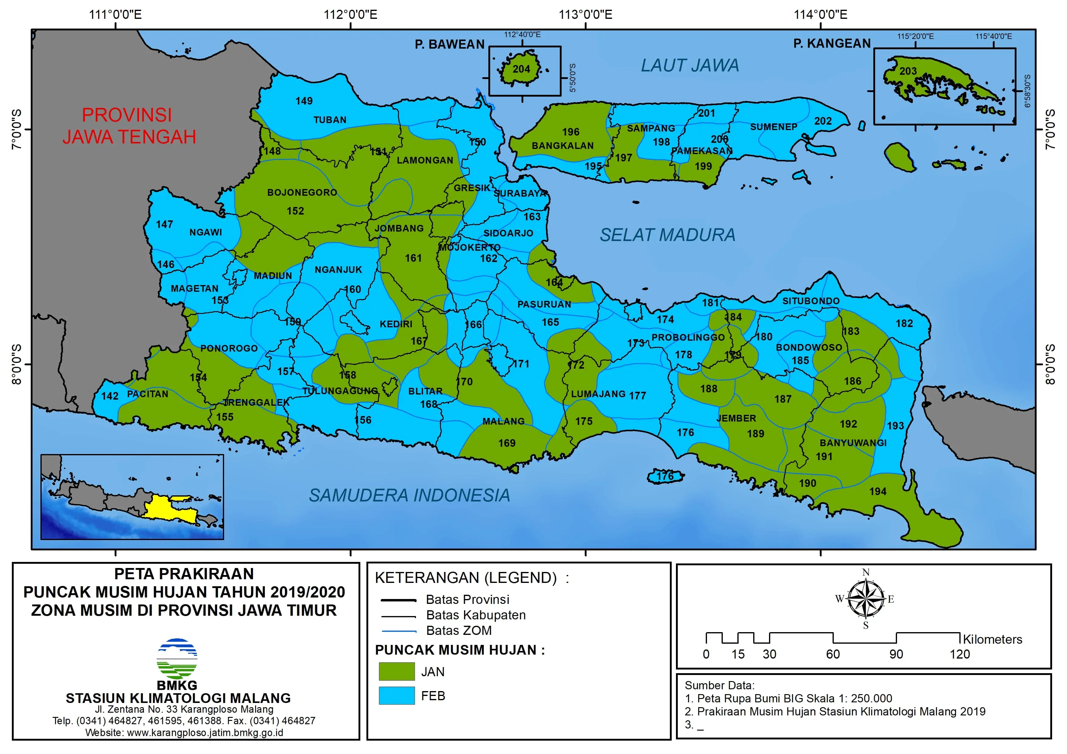 (Prakiraan - 6 Bulanan) Puncak Musim Hujan Musim Hujan Tahun 2019 / 2020 Zona Musim di Provinsi Jawa Timur