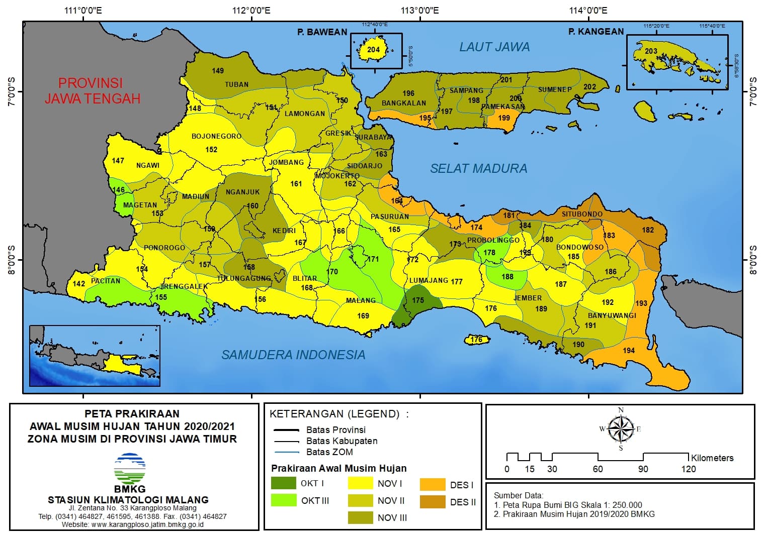 (Prakiraan - 6 Bulanan) Awal Musim Hujan Tahun 2020/2021 Zona Musim di Provinsi Jawa Timur