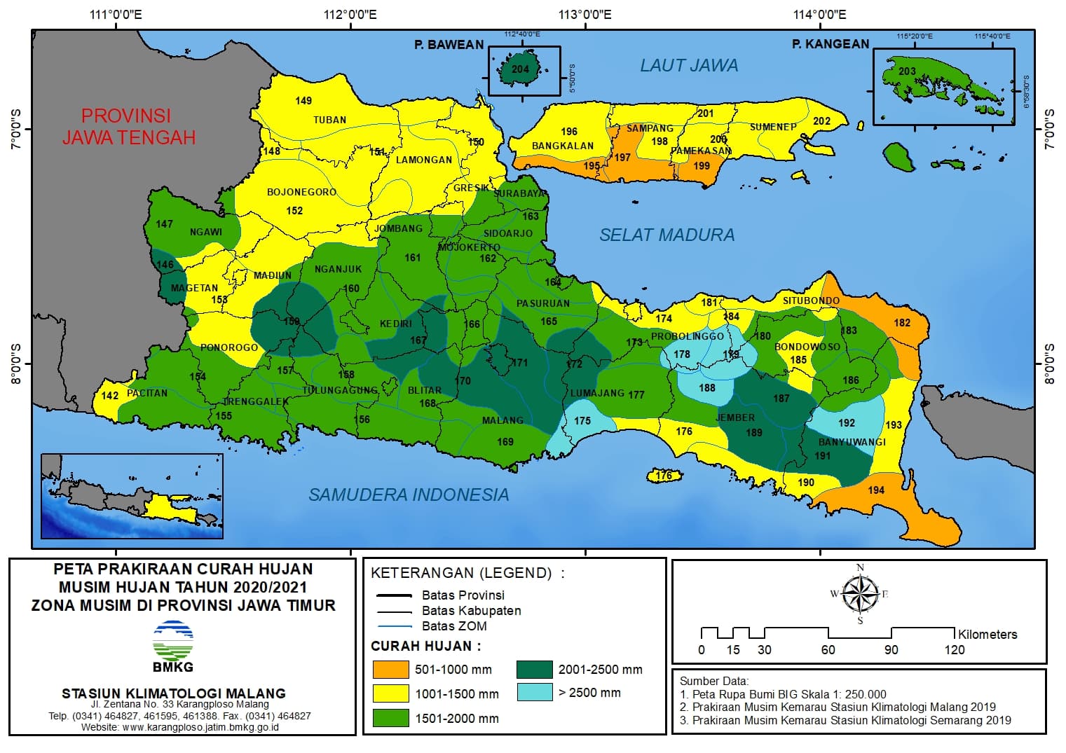 (Prakiraan - 6 Bulanan) Curah Hujan Musim Hujan Tahun 2020/2021 Zona Musim di Provinsi Jawa Timur