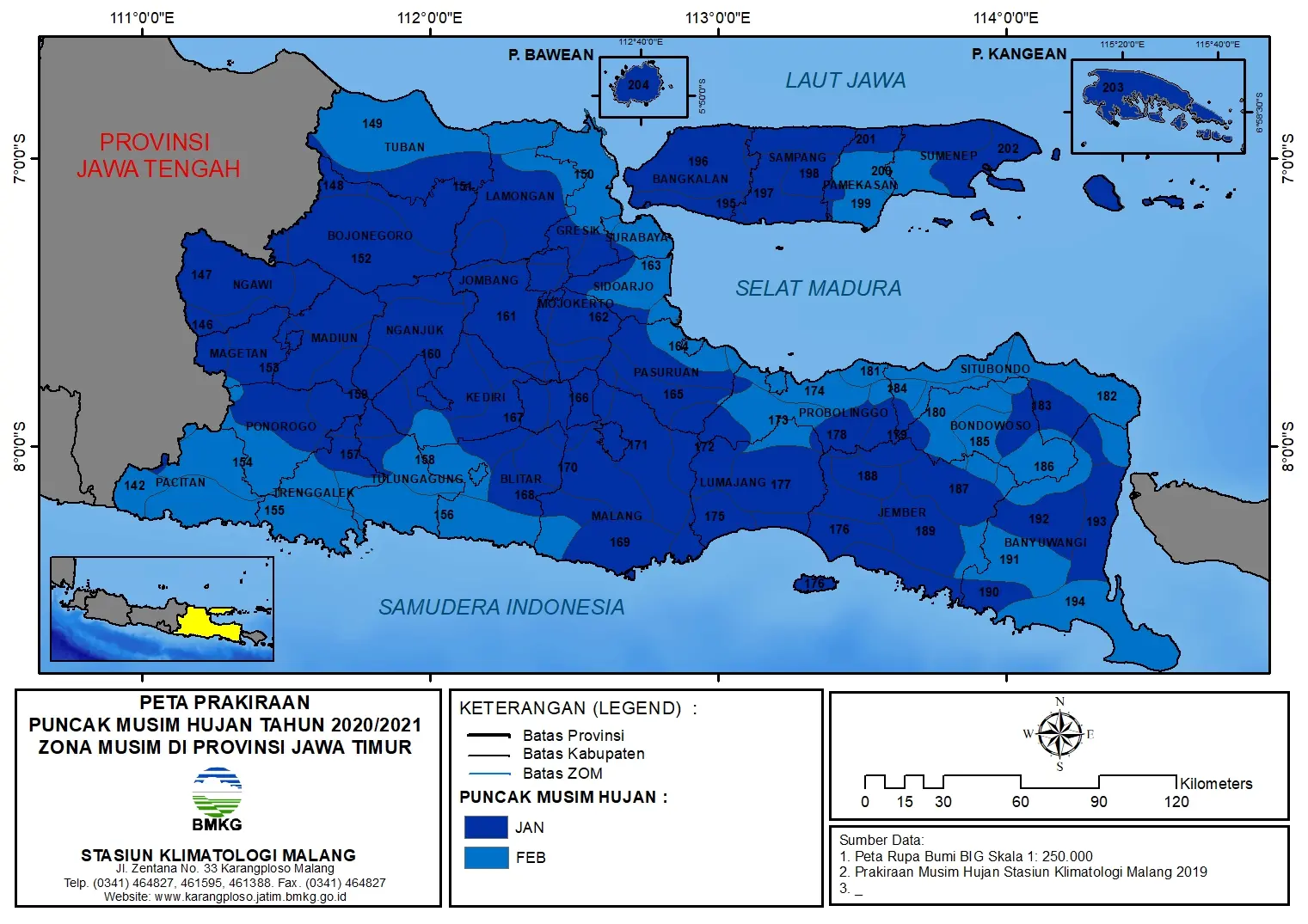 (Prakiraan - 6 Bulanan) Puncak Musim Hujan Musim Hujan Tahun 2020/2021 Zona Musim di Provinsi Jawa Timur