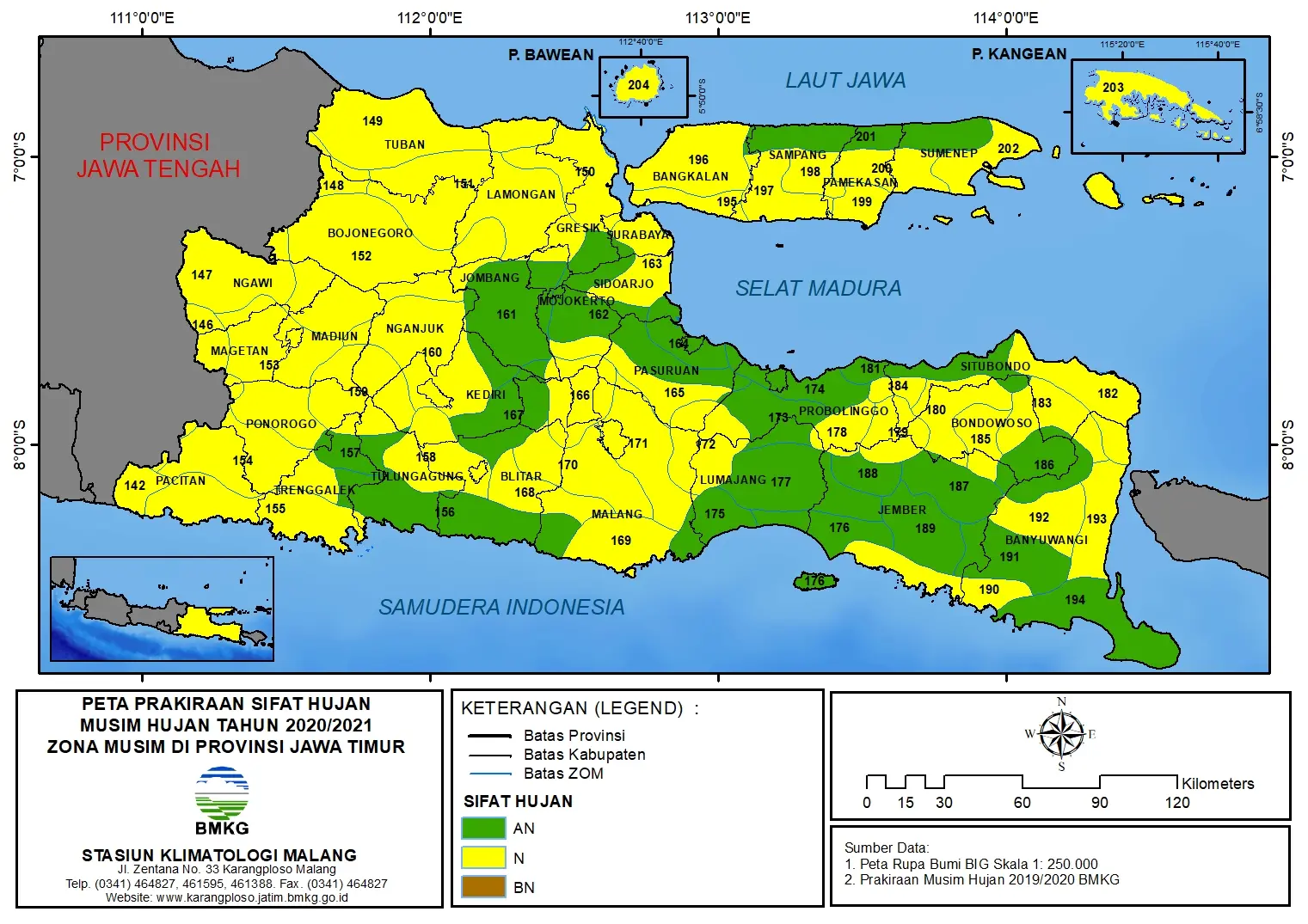 (Prakiraan - 6 Bulanan) Sifat Hujan Musim Hujan Tahun 2020/2021 Zona Musim di Provinsi Jawa Timur