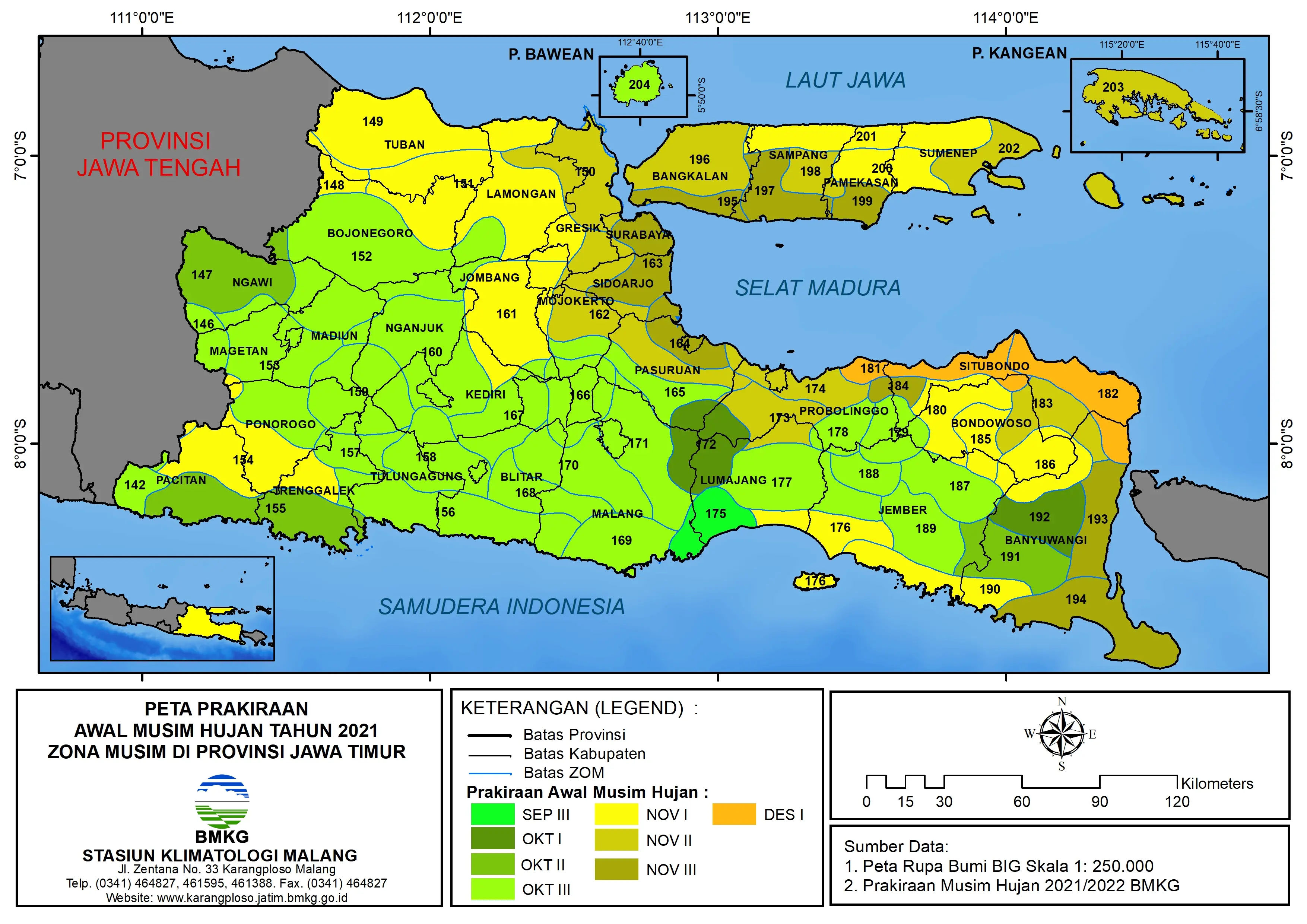 ( Prakiraan 6 Bulanan ) Awal Musim Hujan Tahun 2021/2022 Zona Musim di Provinsi Jawa Timur