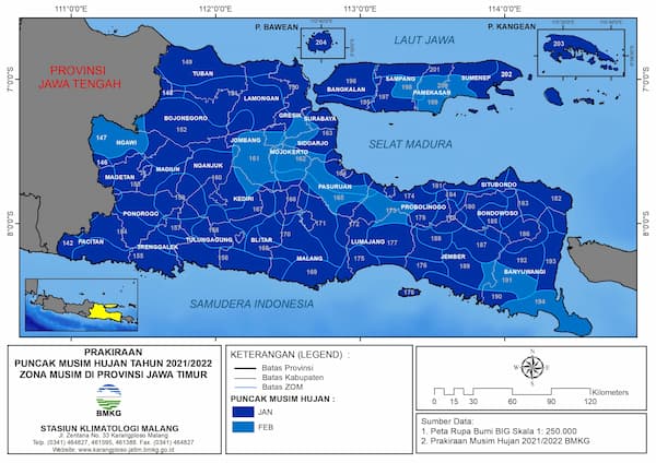 ( Prakiraan 6 Bulanan ) Prakiraan Puncak Musim Hujan Tahun 2021/2022 Zona Musim di Provinsi Jawa Timur