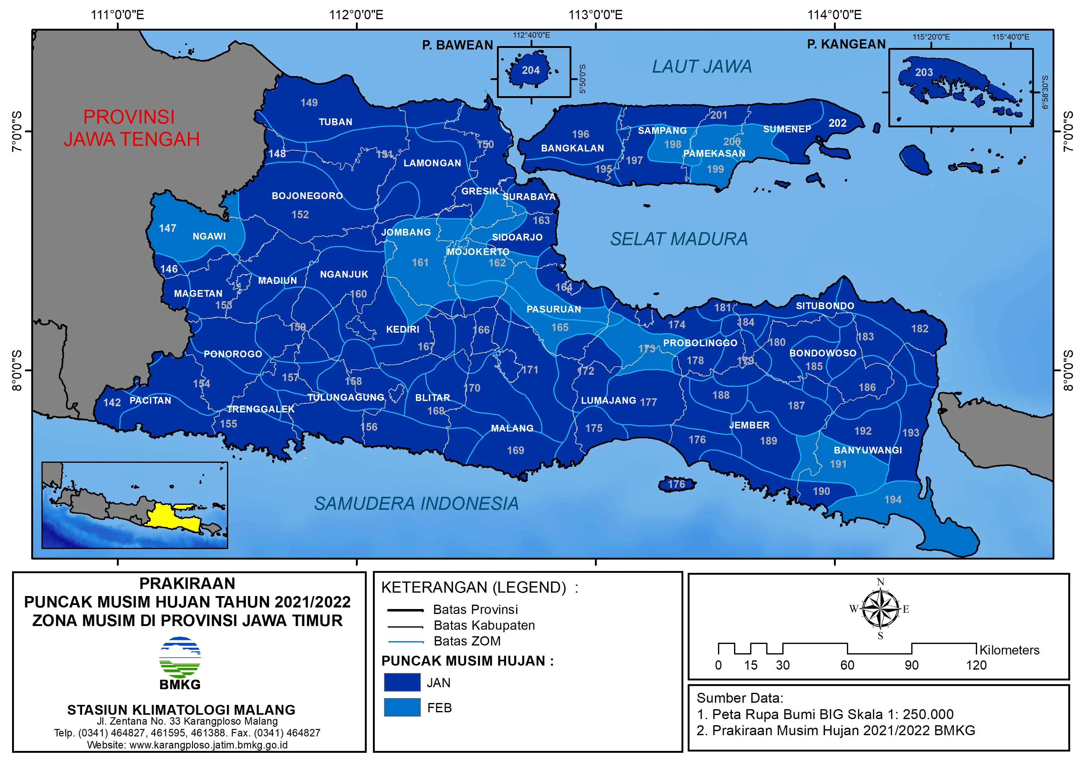 ( Prakiraan 6 Bulanan ) Prakiraan Puncak Musim Hujan Tahun 2021/2022 Zona Musim di Provinsi Jawa Timur