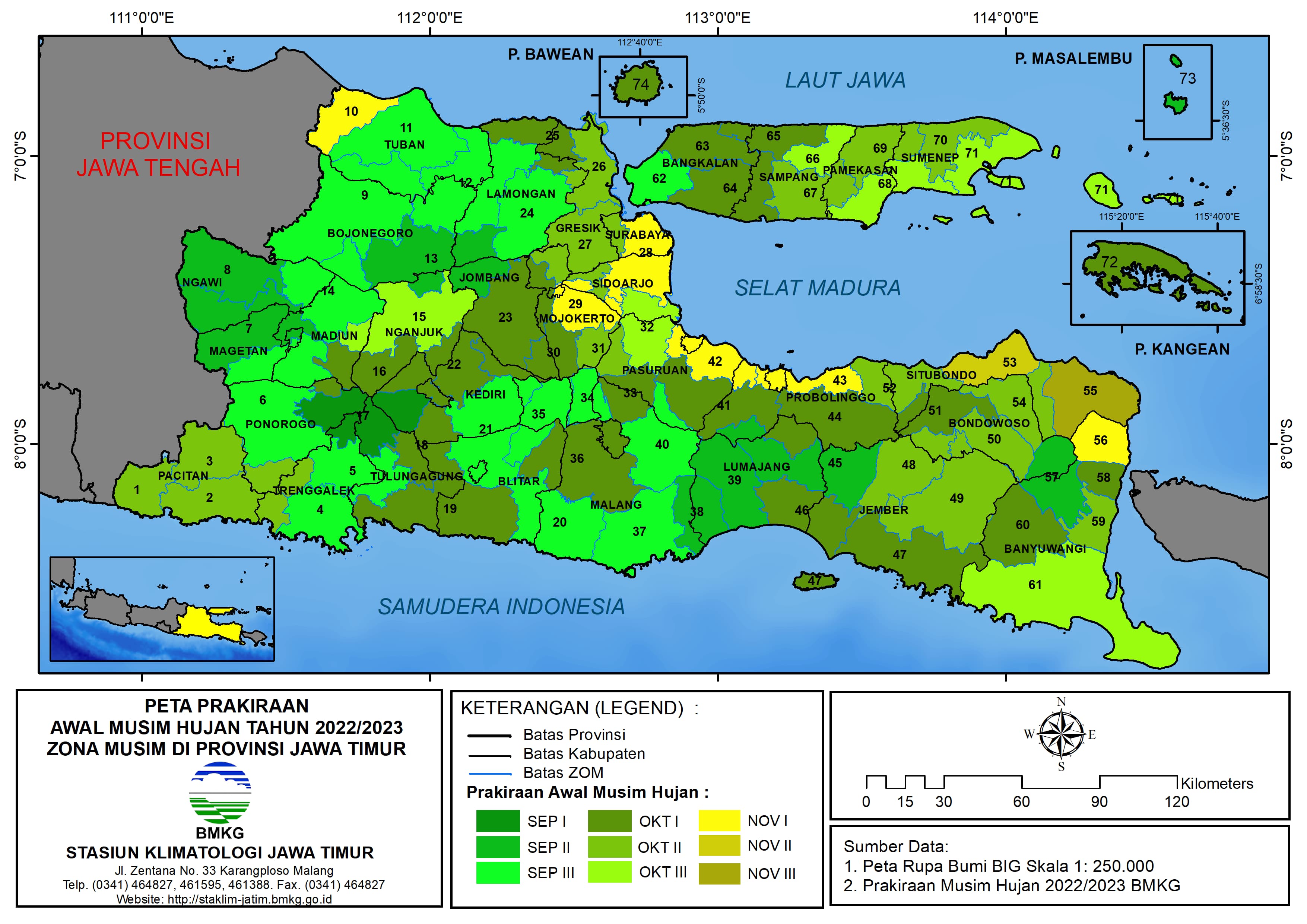 ( Prakiraan 6 Bulanan ) Awal Musim Hujan Tahun 2022 - 2023 Zona Musim di Provinsi Jawa Timur